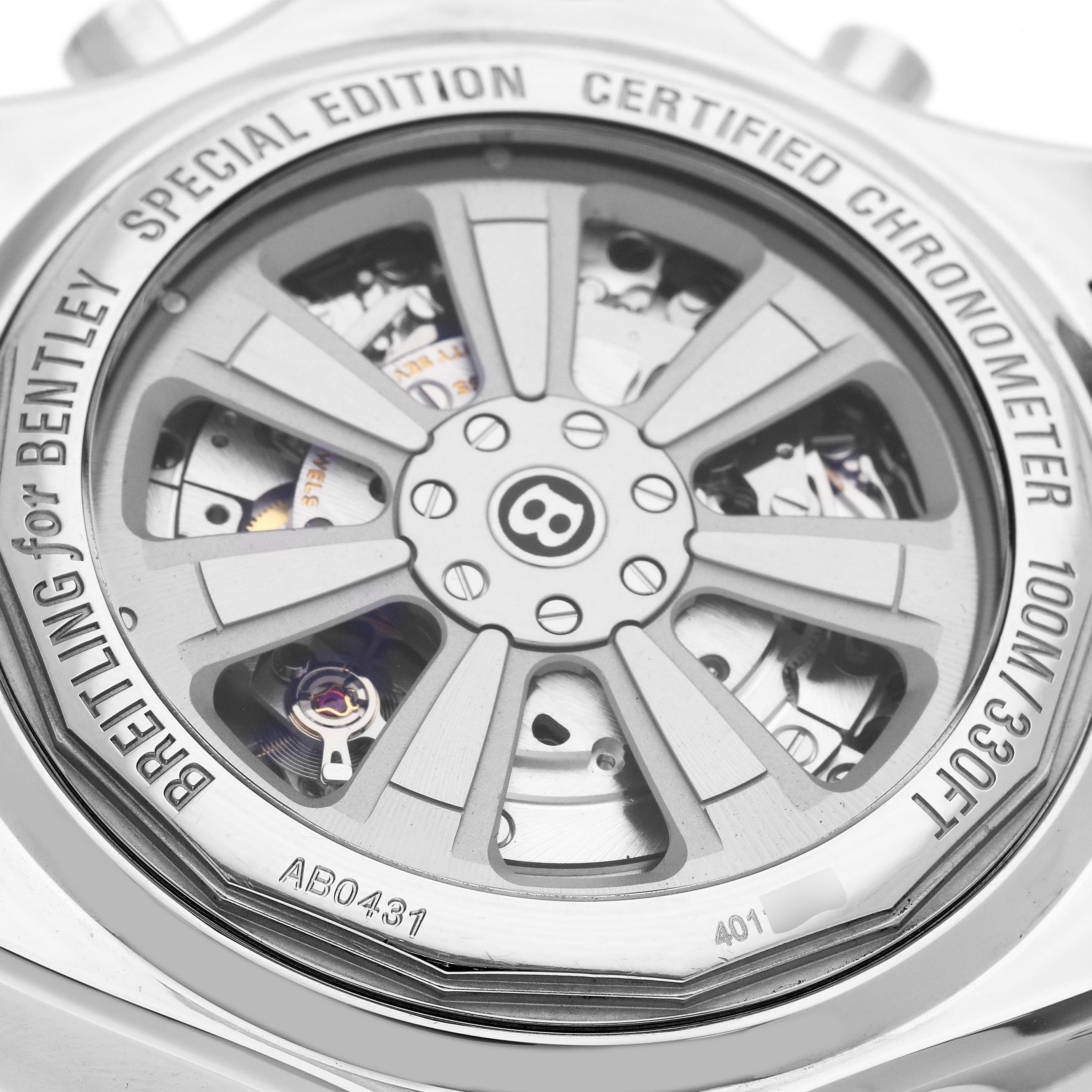 The image shows the back of a Breitling Bentley AB0431 Men
s Stainless Steel Black Dial AB0431 Men
s Stainless Steel Black Dial watch, highlighting the special edition rotor and mechanical movement.