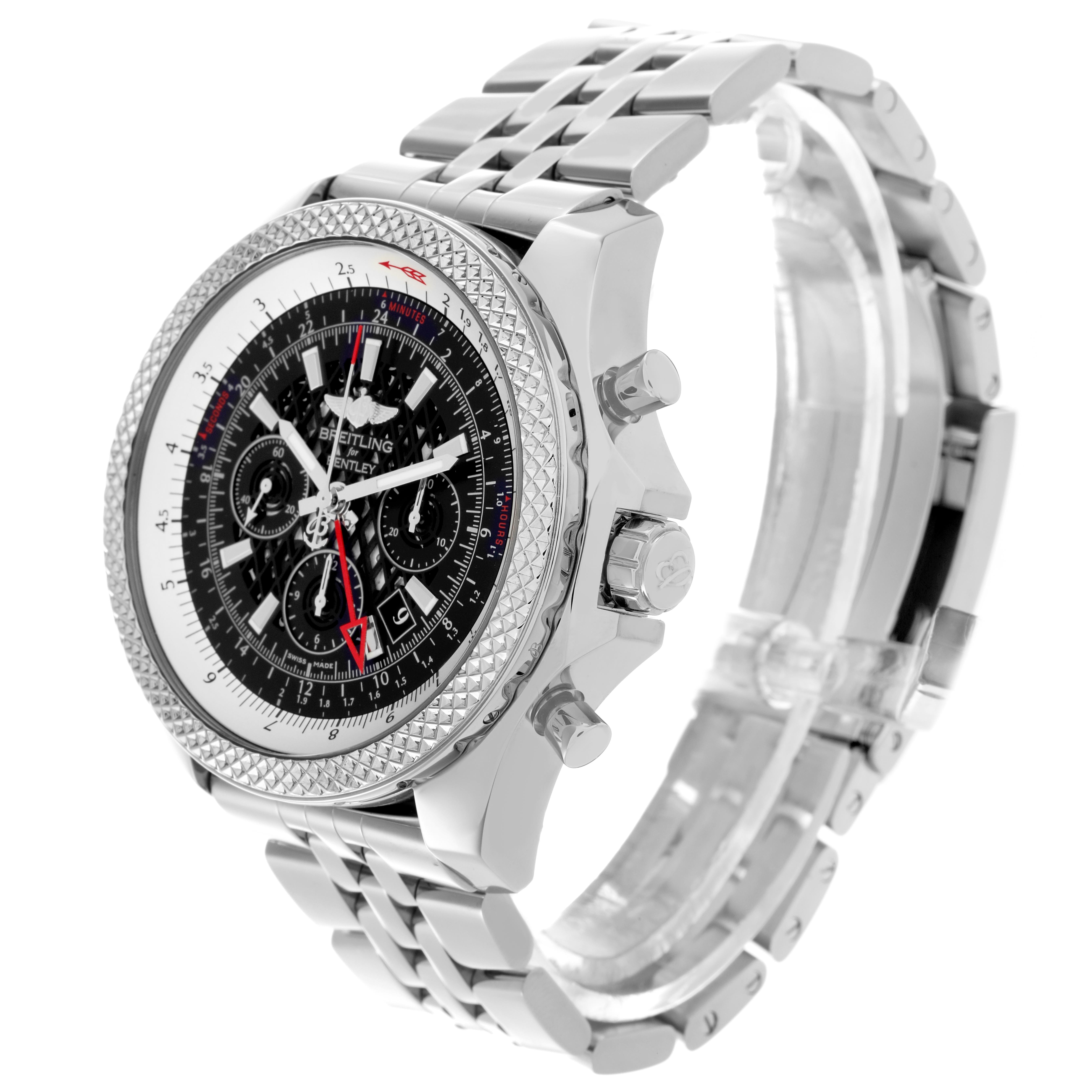 The Breitling Bentley AB0431 Men
s Stainless Steel Black Dial AB0431 Men
s Stainless Steel Black Dial watch is captured at a three-quarter angle, showing the face, bezel, pushers, crown, and bracelet.