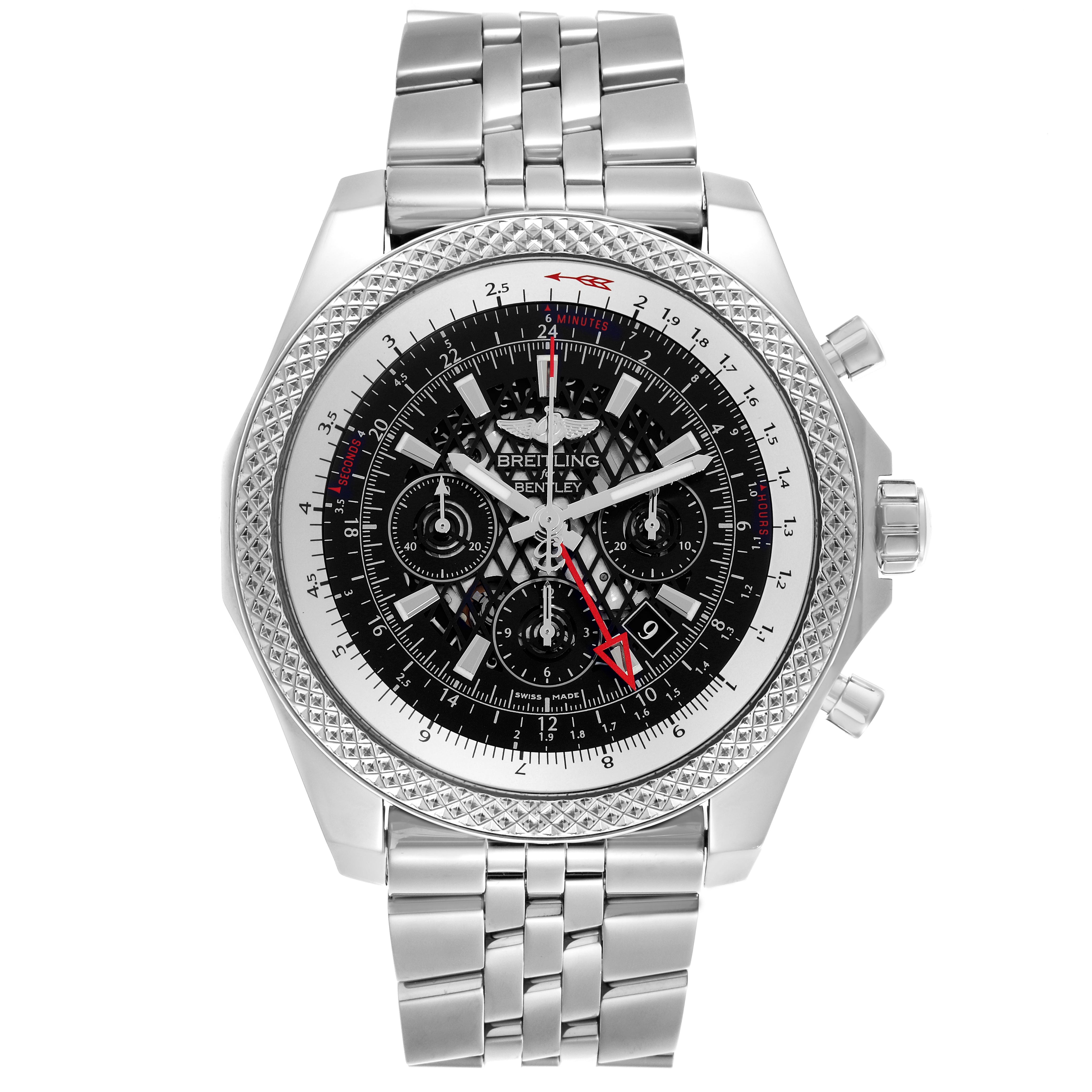 The Breitling Bentley AB0431 Men
s Stainless Steel Black Dial AB0431 Men
s Stainless Steel Black Dial watch is shown from a front angle, highlighting the dial, bezel, crown, chronograph pushers, and bracelet.