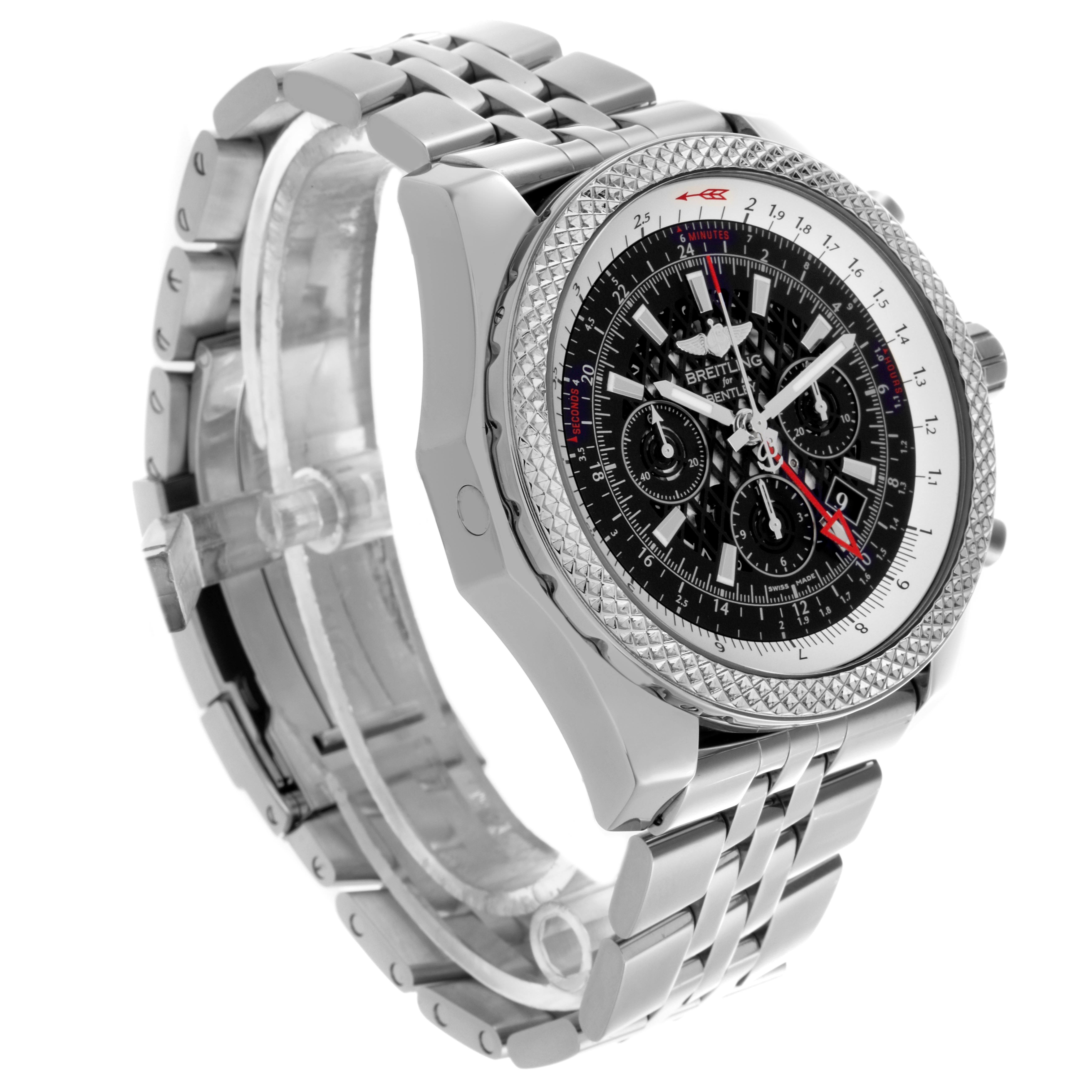 The Breitling Bentley AB0431 Men
s Stainless Steel Black Dial AB0431 Men
s Stainless Steel Black Dial watch is shown at a three-quarter angle, highlighting the face, bezel, and metal bracelet.