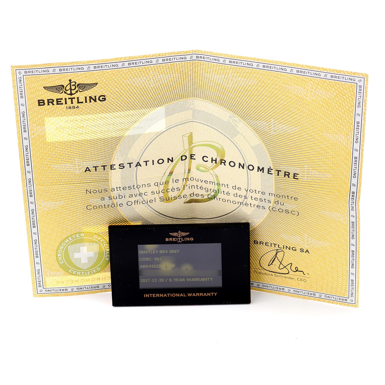 The image shows the Breitling Bentley AB0431 Men
s Stainless Steel Black Dial AB0431 Men
s Stainless Steel Black Dial model
s official chronometer certificate and international warranty card.