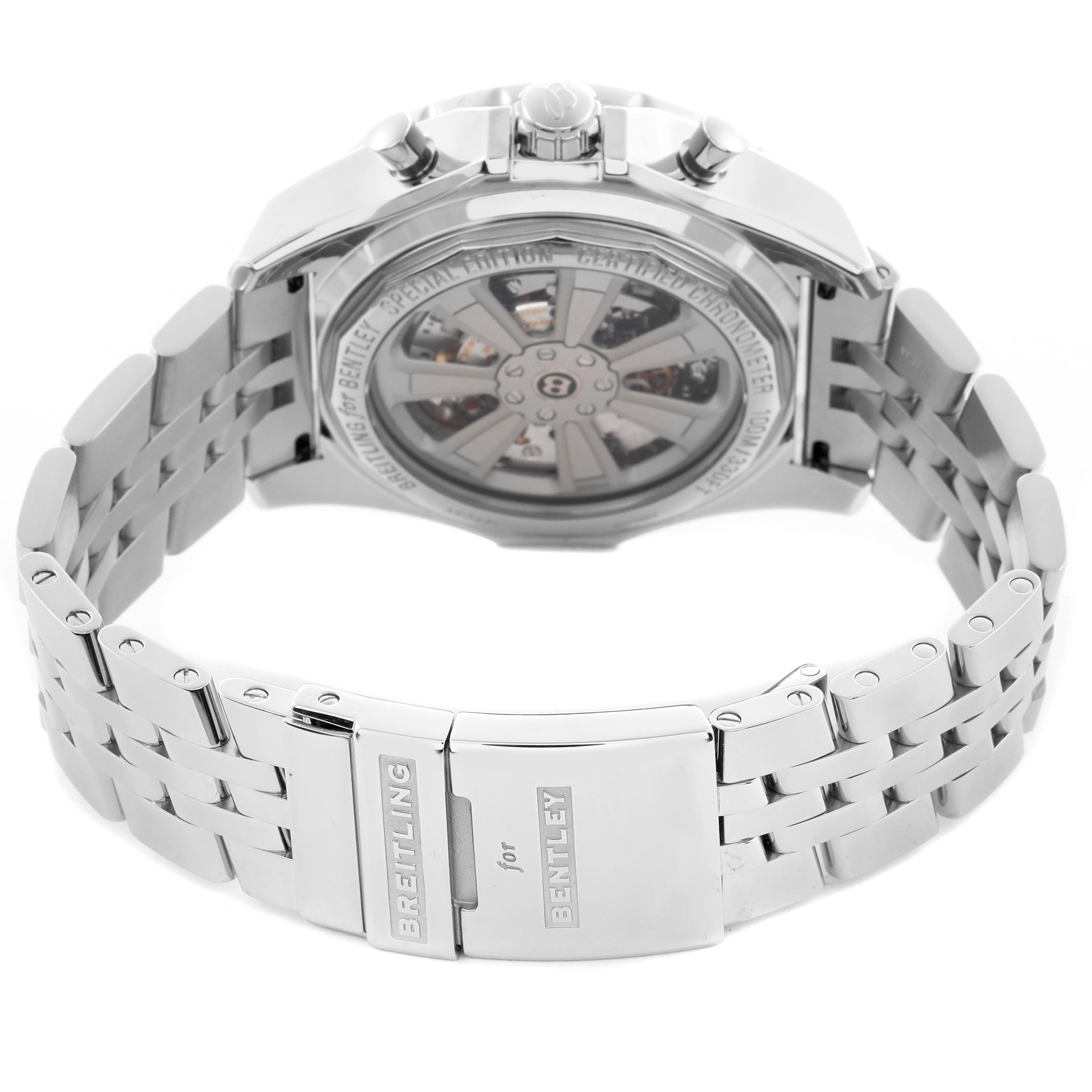 The image shows the Breitling Bentley AB0431 Men
s Stainless Steel Black Dial AB0431 Men
s Stainless Steel Black Dial watch from a rear angle, displaying the back case and bracelet with the clasp open.