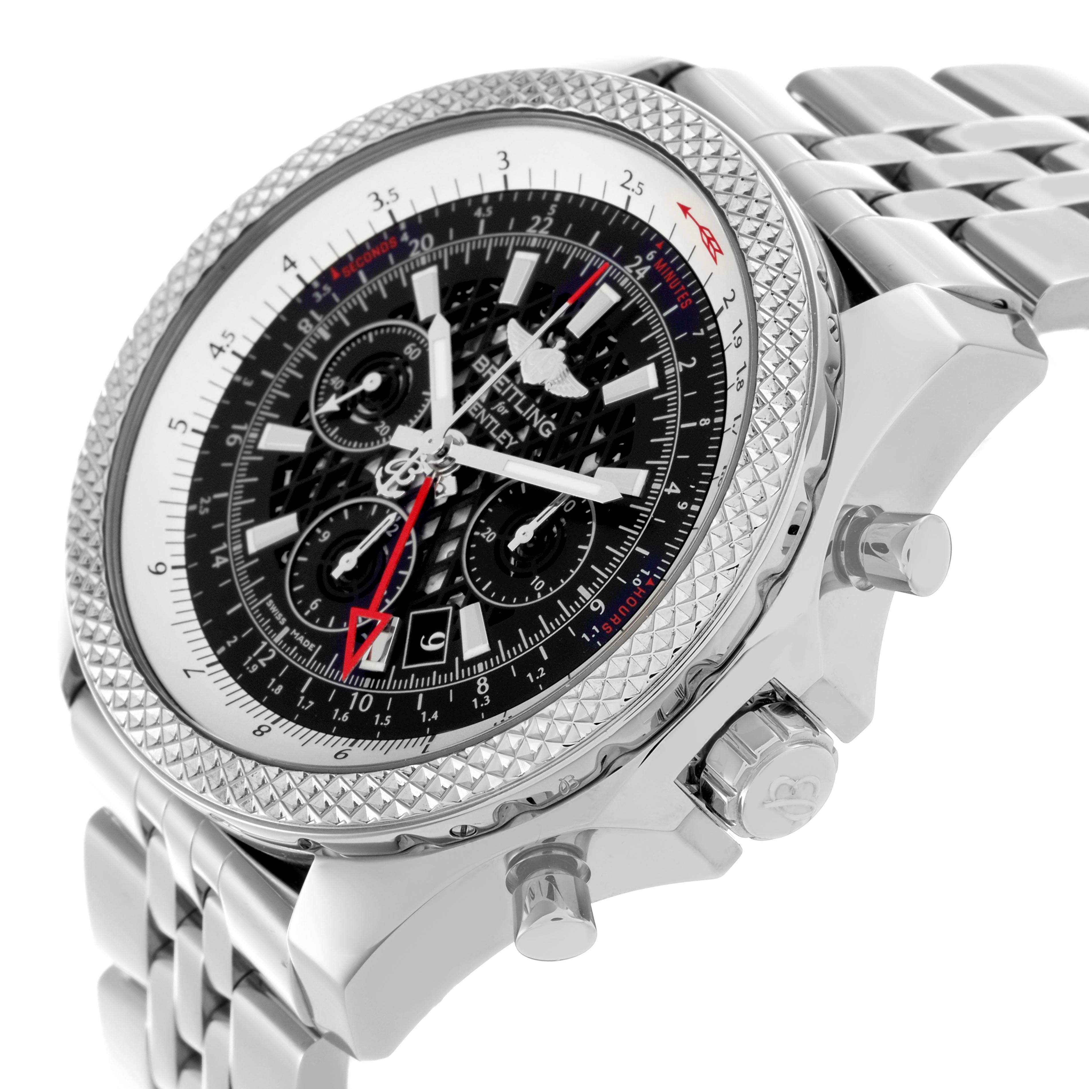 The Breitling Bentley AB0431 Men
s Stainless Steel Black Dial AB0431 Men
s Stainless Steel Black Dial watch is shown at a side angle, highlighting the bezel, chronograph dials, and part of the bracelet.
