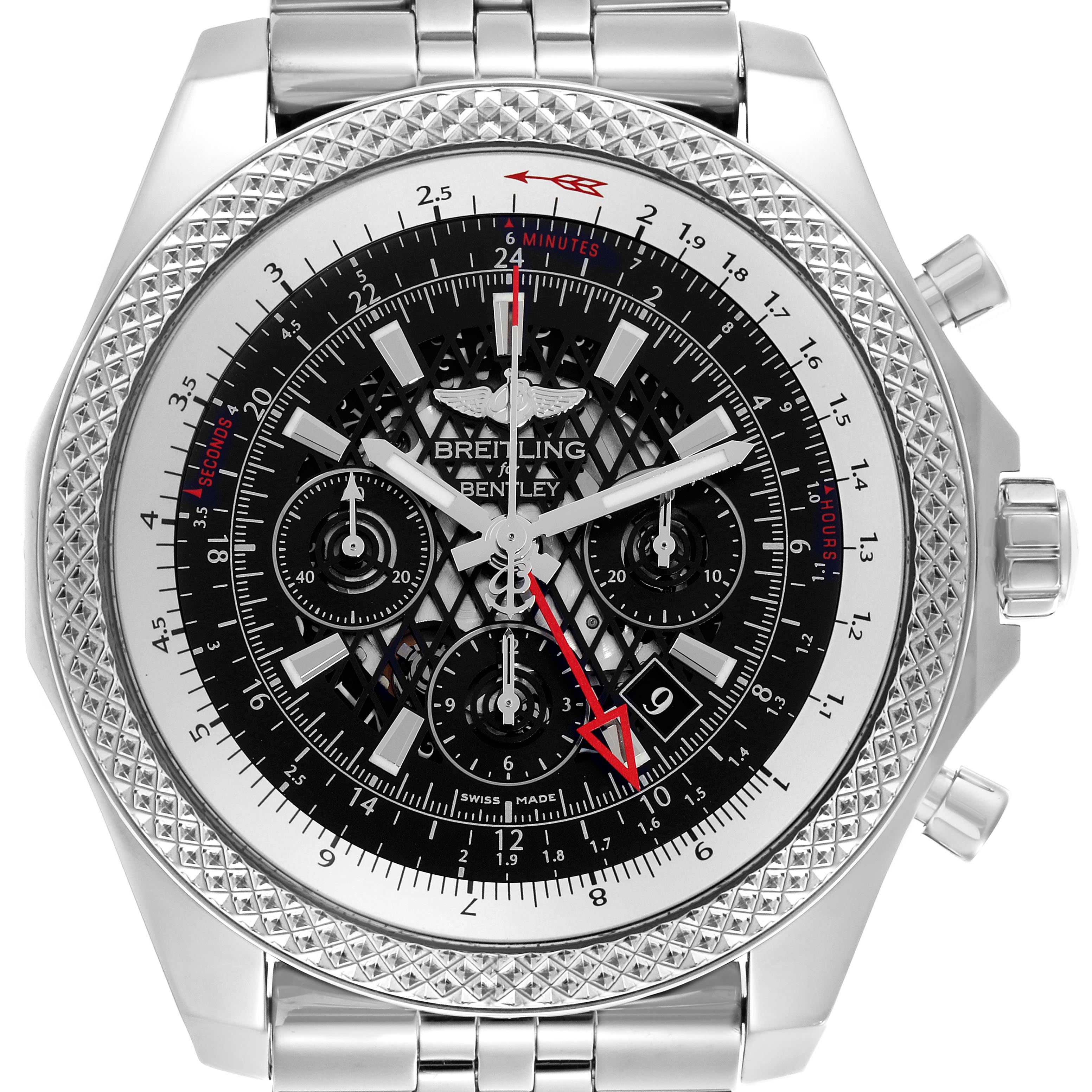 The Breitling Bentley AB0431 Men
s Stainless Steel Black Dial AB0431 Men
s Stainless Steel Black Dial watch is shown from the front, displaying the intricate dial and bezel detail with a stainless steel bracelet.