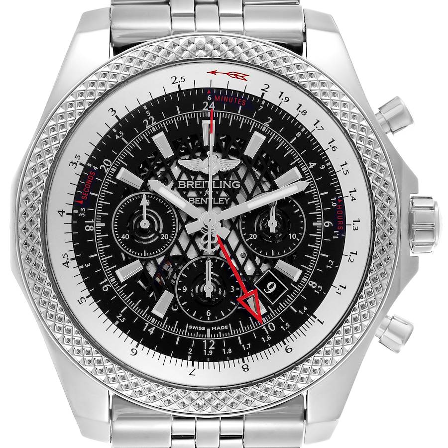The Breitling Bentley watch is shown from the front, displaying the intricate dial and bezel detail with a stainless steel bracelet.