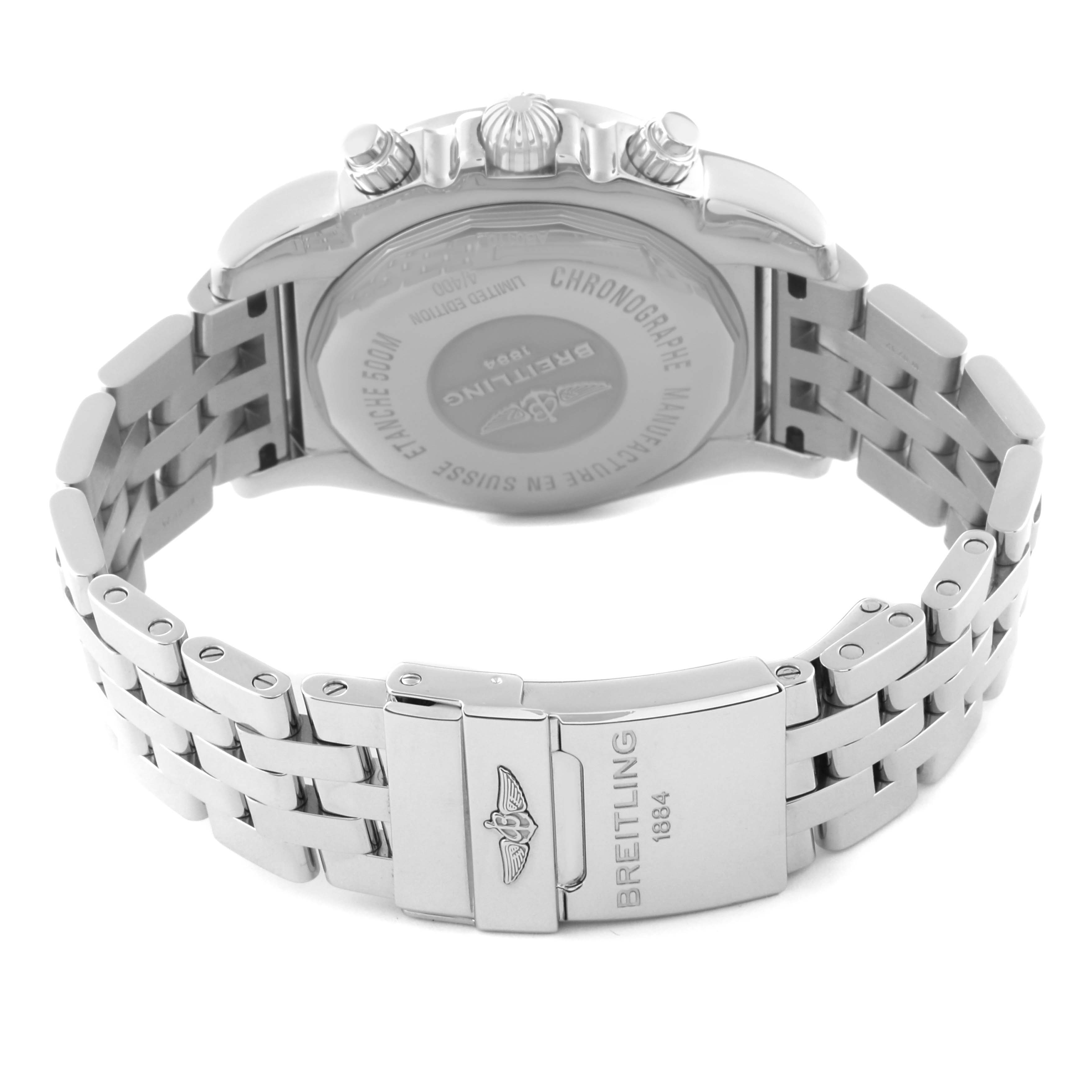 The image shows the back case, bracelet, and clasp of the Breitling Chronomat AB0110 Men's Stainless Steel Mother of Pearl Dial AB0110 Men's Stainless Steel Mother of Pearl Dial watch from a rear angle.