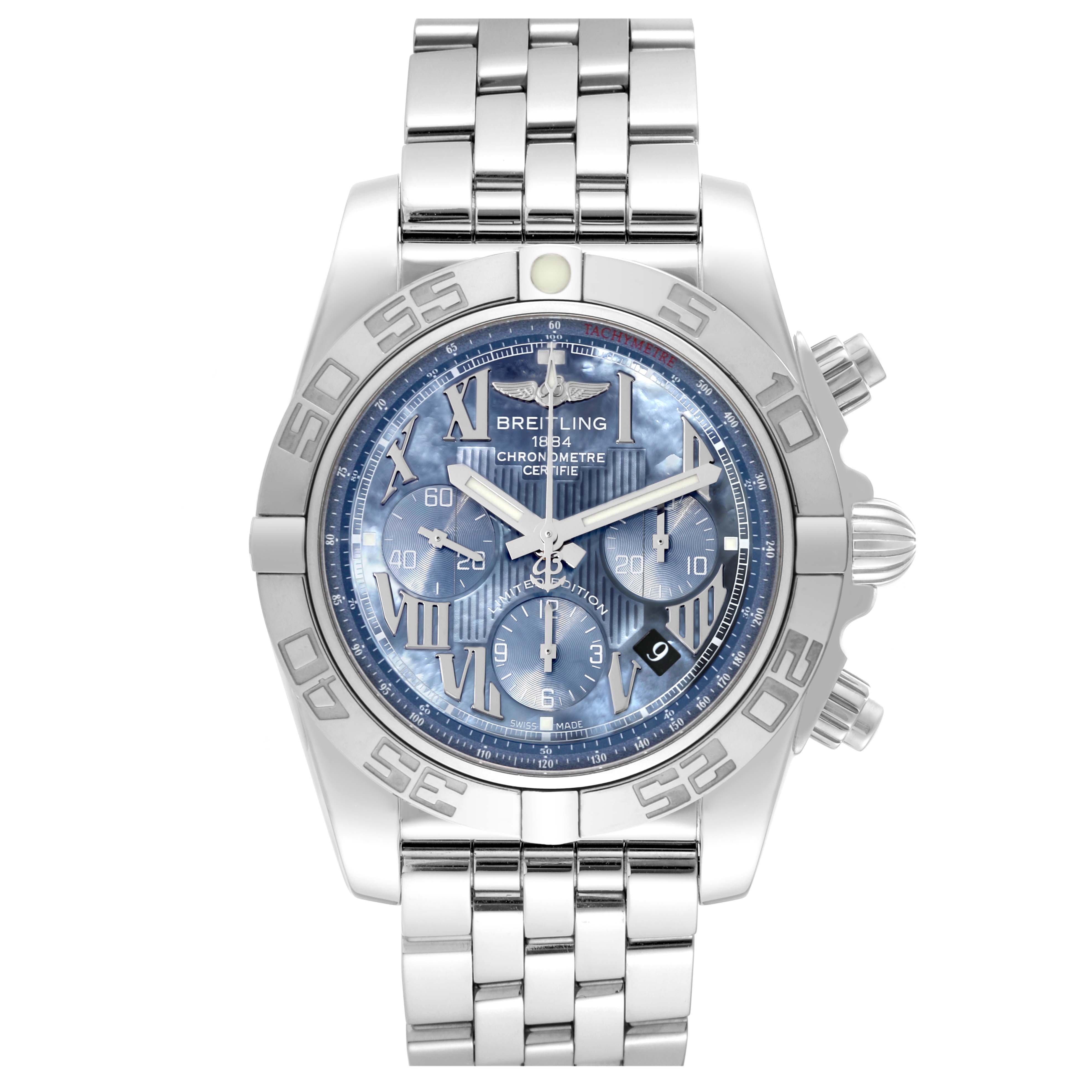This image shows a front view of a Breitling Chronomat AB0110 Men's Stainless Steel Mother of Pearl Dial AB0110 Men's Stainless Steel Mother of Pearl Dial watch, featuring its face, bezel, and bracelet.