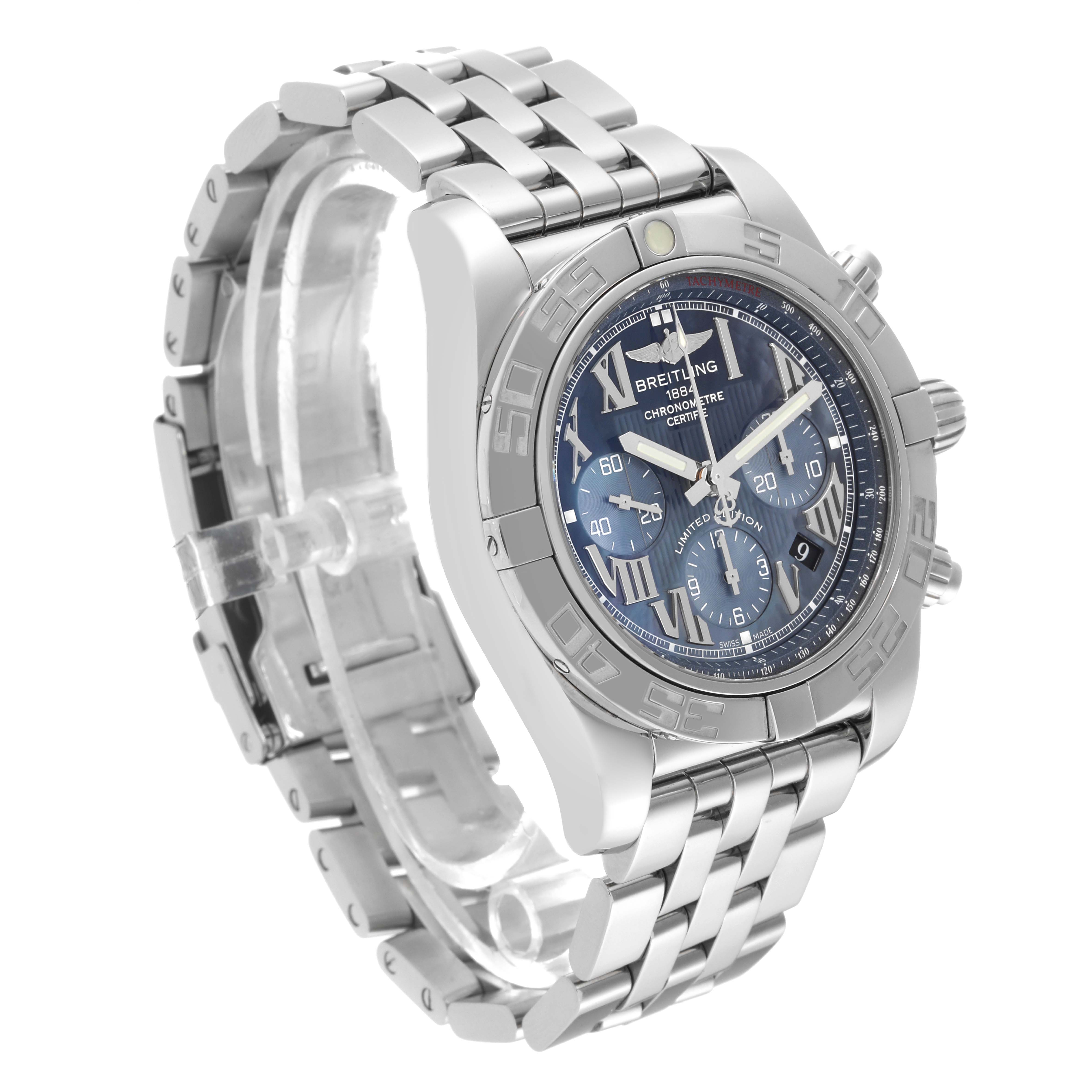 The image shows a Breitling Chronomat AB0110 Men's Stainless Steel Mother of Pearl Dial AB0110 Men's Stainless Steel Mother of Pearl Dial watch at a three-quarter angle, showcasing its dial, bezel, and stainless steel bracelet.