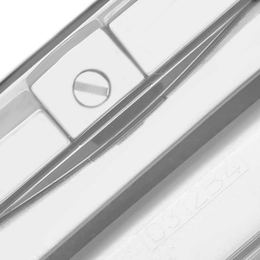 The image shows a close-up of the bracelet link clasp of the Breitling Chronomat AB0110 Men's Stainless Steel Mother of Pearl Dial AB0110 Men's Stainless Steel Mother of Pearl Dial watch model from an overhead angle.