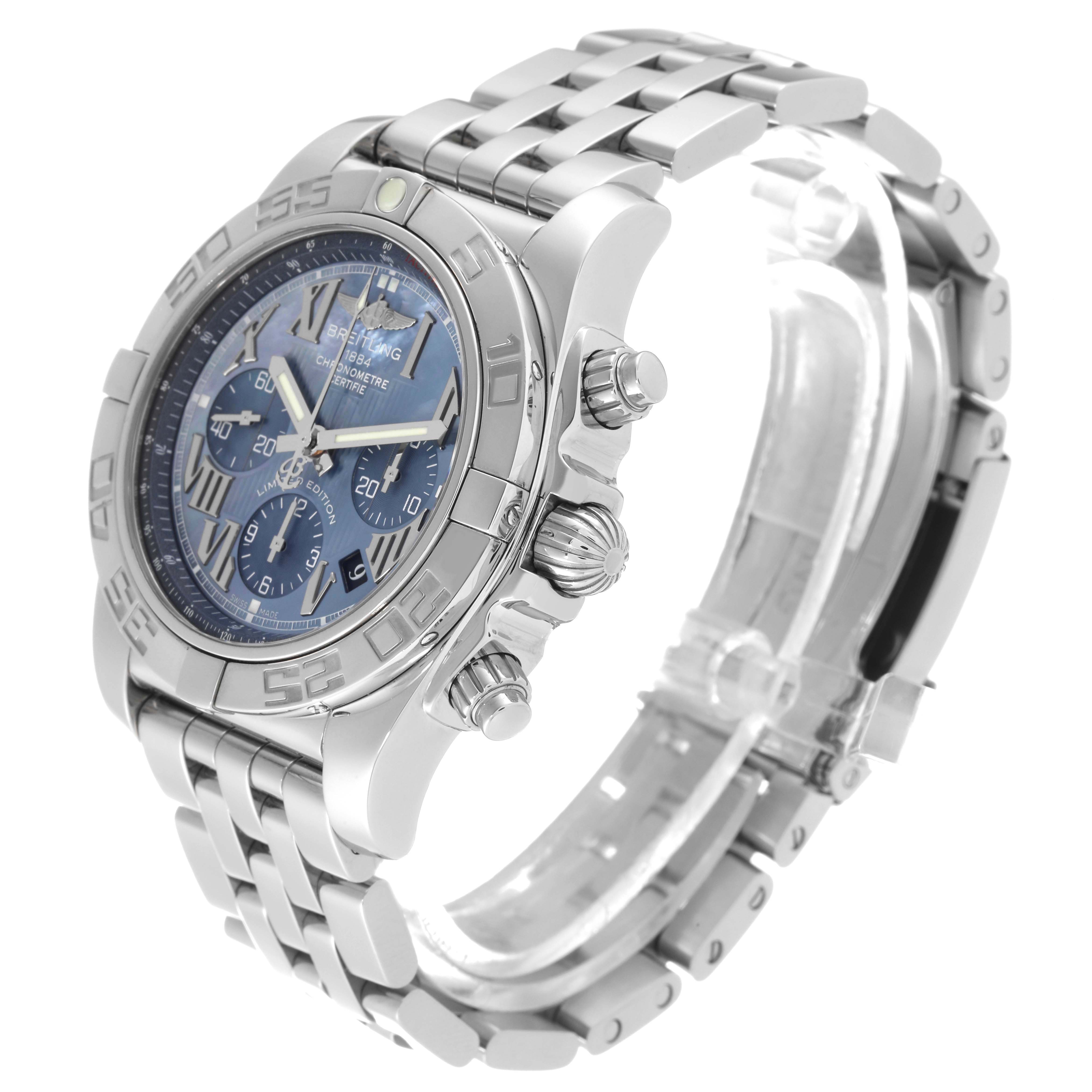 The image shows a side angle of a Breitling Chronomat AB0110 Men's Stainless Steel Mother of Pearl Dial AB0110 Men's Stainless Steel Mother of Pearl Dial watch, highlighting its stainless steel case, crown, chronograph pushers, and bracelet.