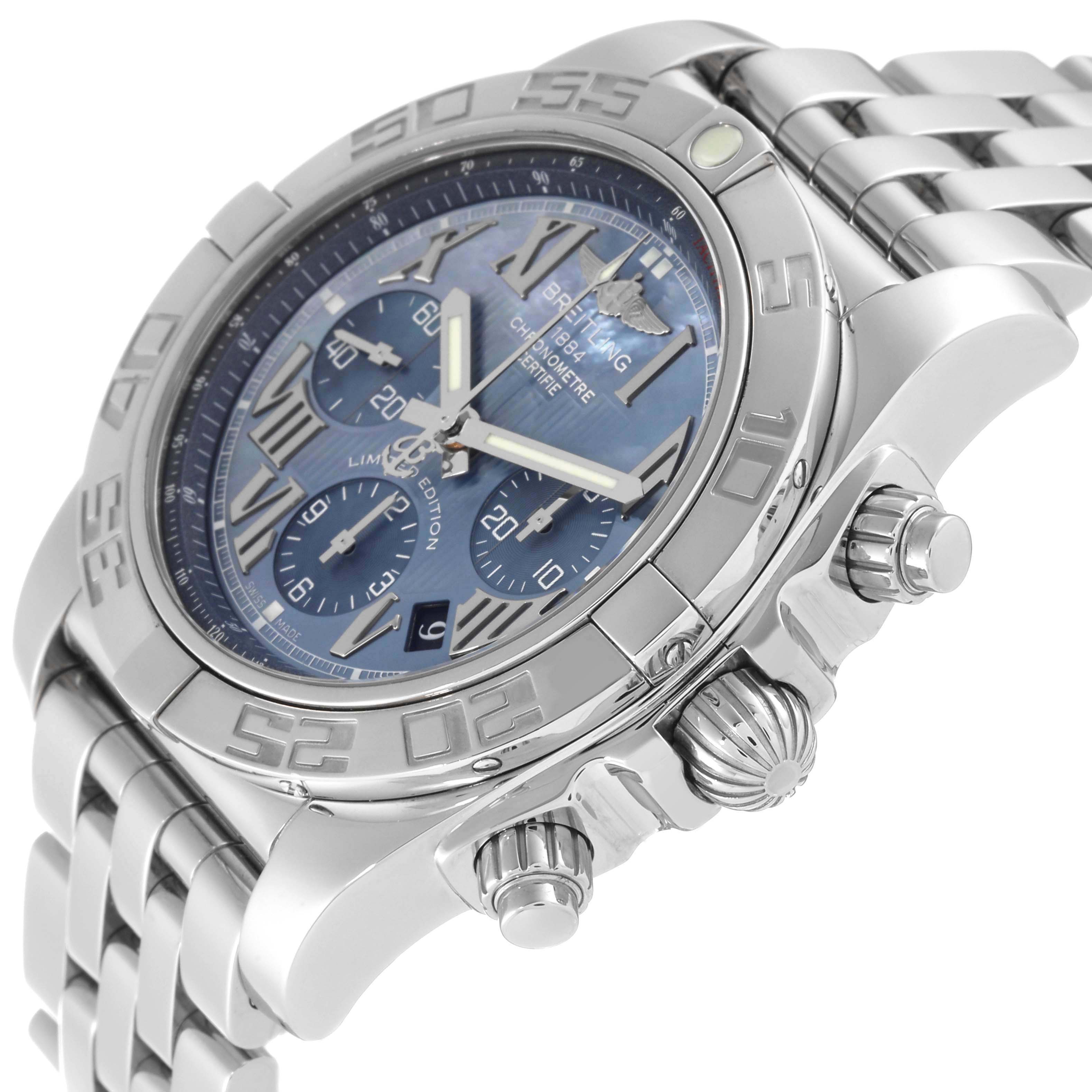 The Breitling Chronomat AB0110 Men's Stainless Steel Mother of Pearl Dial AB0110 Men's Stainless Steel Mother of Pearl Dial watch is shown at an angled view displaying the bezel, dial, crown, and pushers.