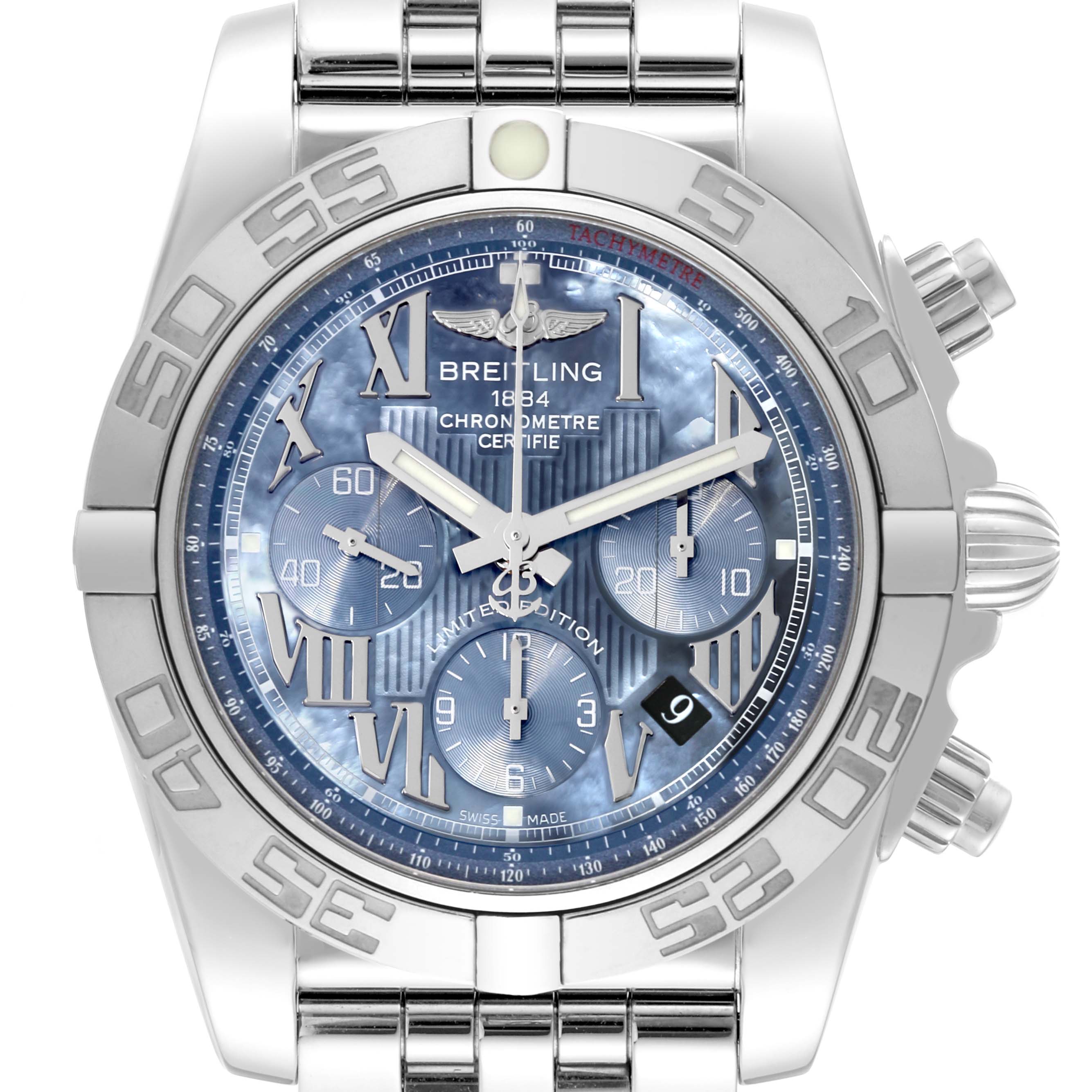 The Breitling Chronomat AB0110 Men's Stainless Steel Mother of Pearl Dial AB0110 Men's Stainless Steel Mother of Pearl Dial watch is shown from a front angle, displaying the face, bezel, case, and part of the bracelet.