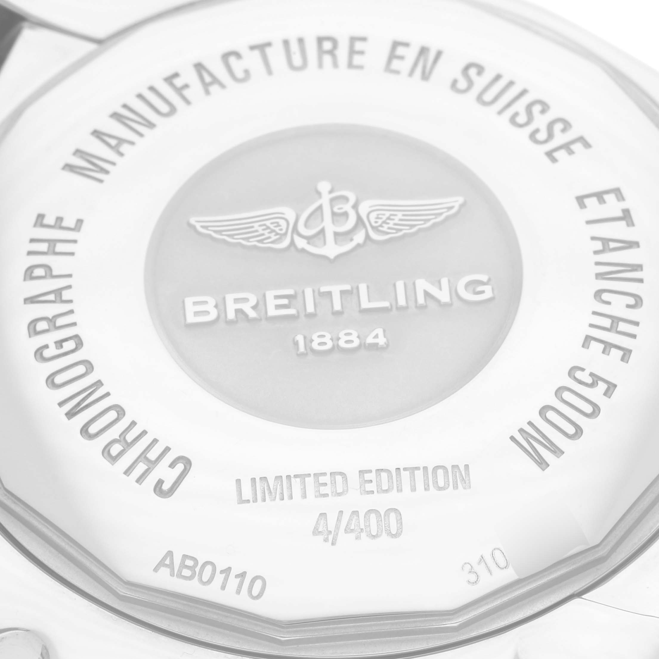 This image shows the back case of a Breitling Chronomat AB0110 Men's Stainless Steel Mother of Pearl Dial AB0110 Men's Stainless Steel Mother of Pearl Dial watch, including "LIMITED EDITION 4/400" and various inscriptions.