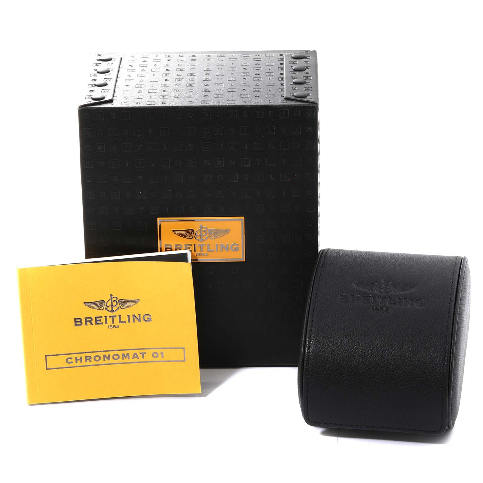 The image shows the box, travel case, and manual for the Breitling Chronomat AB0110 Men's Stainless Steel Mother of Pearl Dial AB0110 Men's Stainless Steel Mother of Pearl Dial watch model.