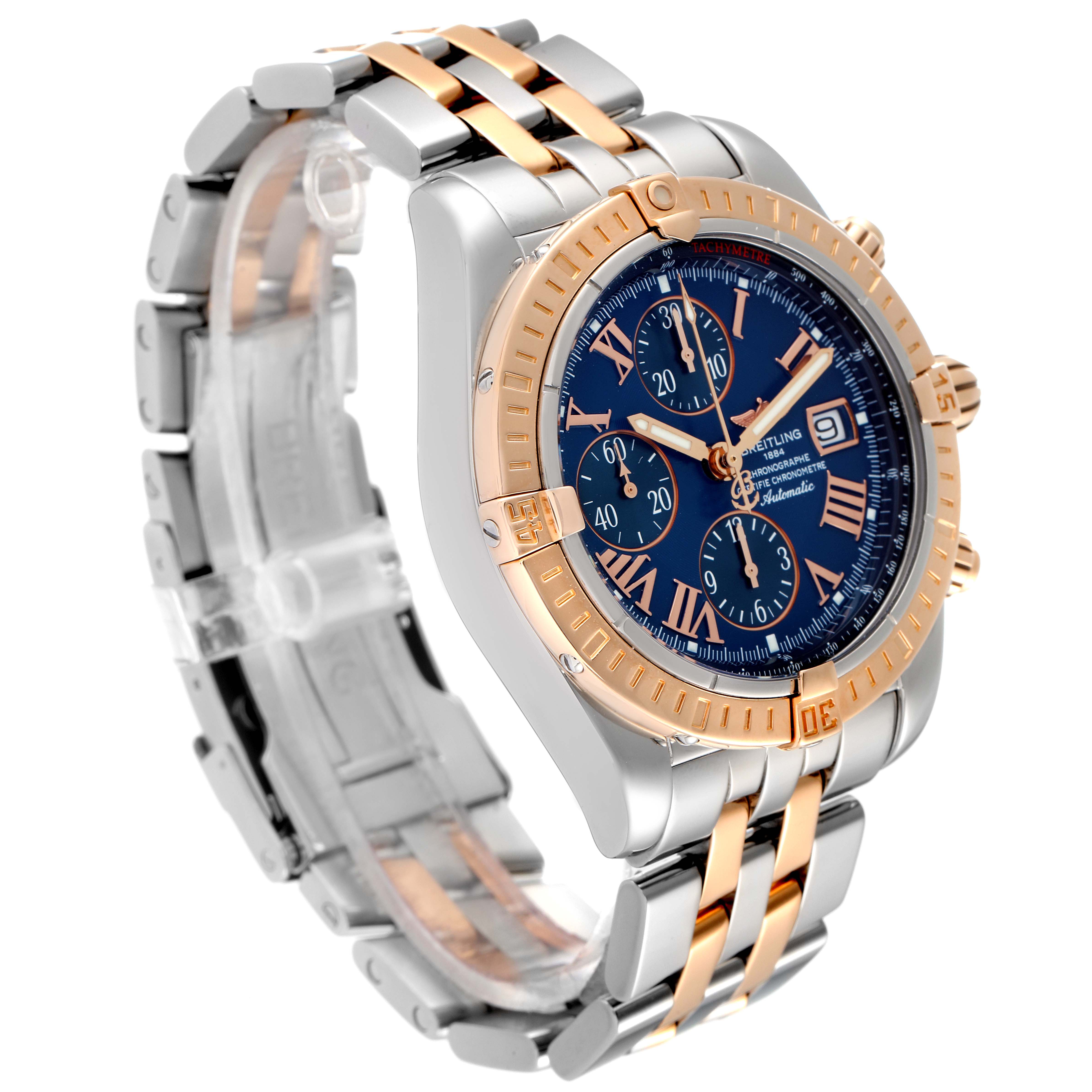 This image shows a Breitling Chronomat C13356 Men
s Steel and Gold (two tone) Blue Dial C13356 Men
s Steel and Gold (two tone) Blue Dial watch at a 3/4 angle, highlighting the face, bezel, and two-tone bracelet.