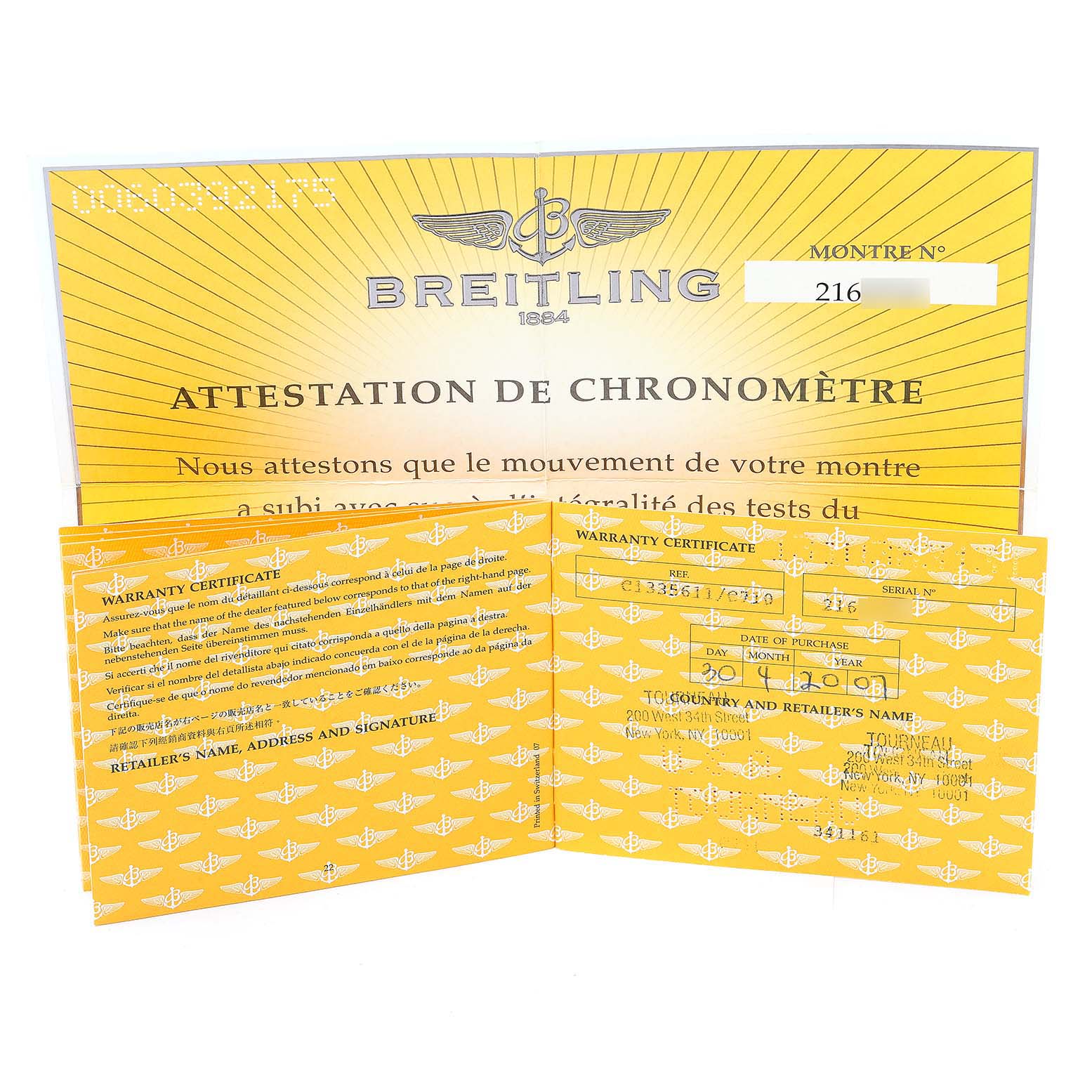 The image shows the warranty certificate and chronometer attestation for the Breitling Chronomat C13356 Men
s Steel and Gold (two tone) Blue Dial C13356 Men
s Steel and Gold (two tone) Blue Dial watch model.