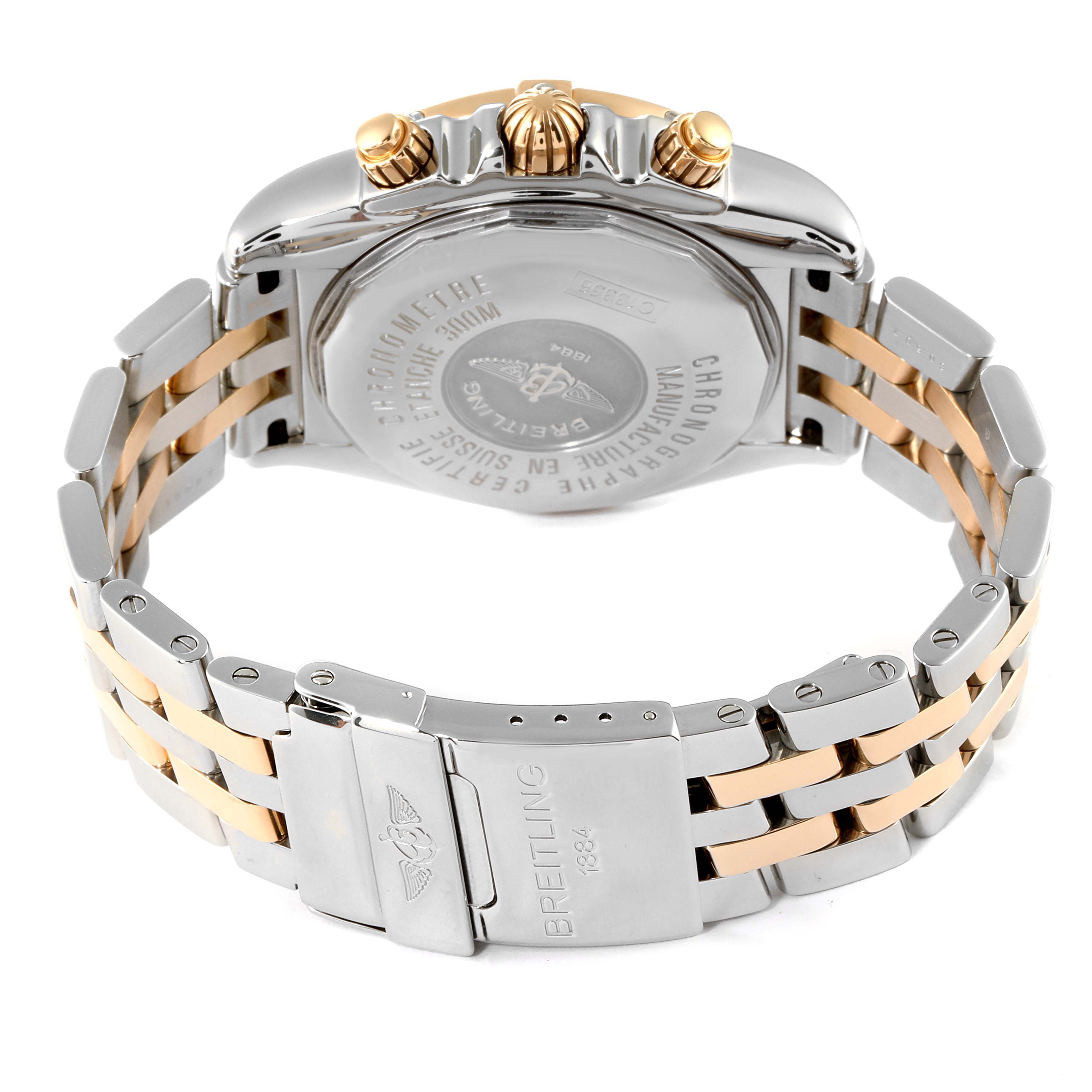 The image shows a rear view of a Breitling Chronomat C13356 Men
s Steel and Gold (two tone) Blue Dial C13356 Men
s Steel and Gold (two tone) Blue Dial watch, highlighting its caseback, bracelet, and clasp.