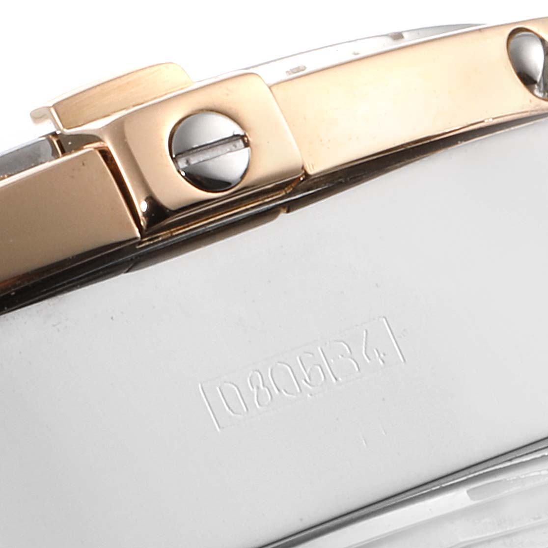 This close-up image of the Breitling Chronomat C13356 Men
s Steel and Gold (two tone) Blue Dial C13356 Men
s Steel and Gold (two tone) Blue Dial watch shows part of the casing and a screw on the side view.