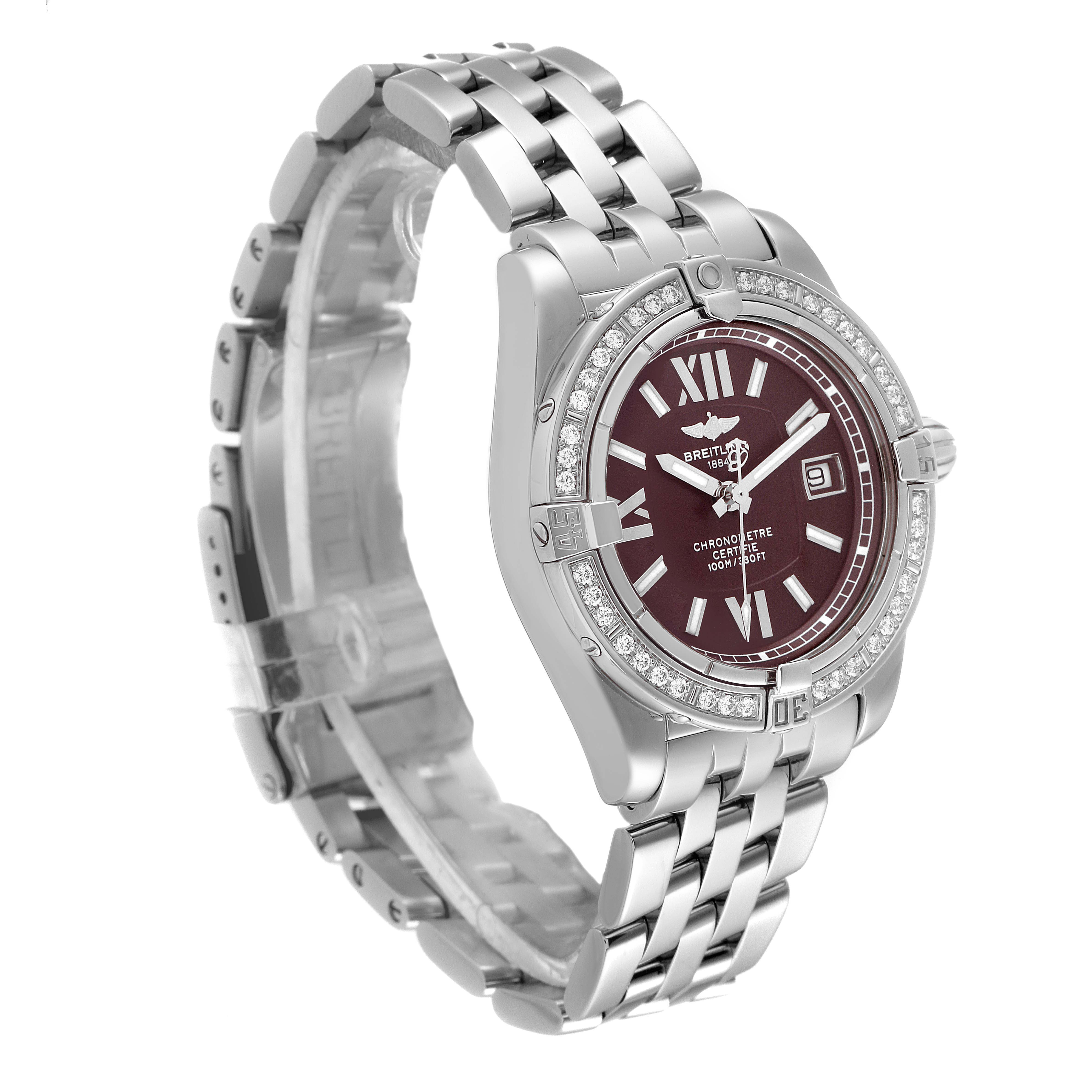 The image shows a Breitling A17356 Women's Stainless Steel Burgundy Dial A17356 Women's Stainless Steel Burgundy Dial Cockpit Chronometer A17356 model from a three-quarter angle, highlighting its burgundy dial, diamond bezel, and stainless steel bracelet.