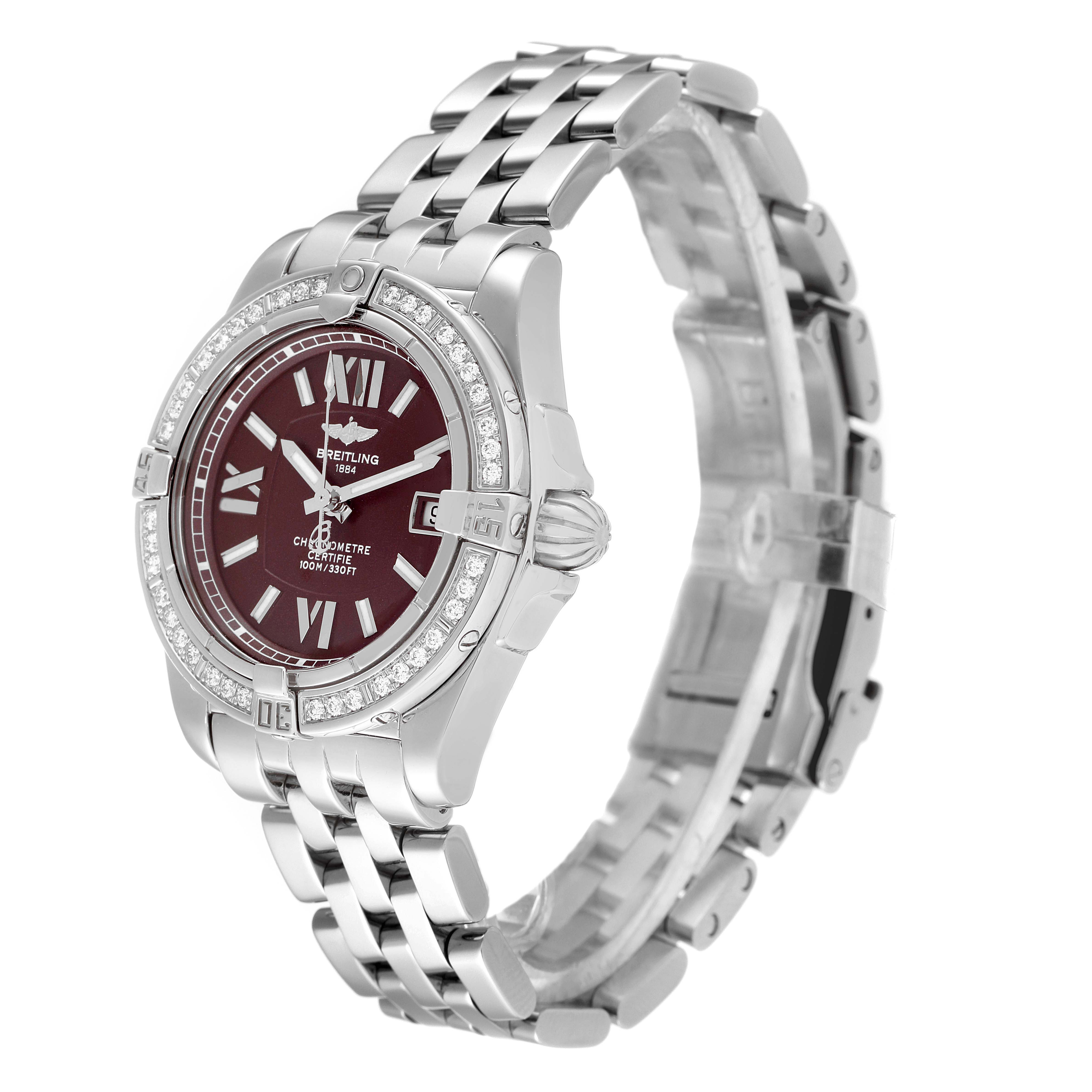 This image shows a side angle of the Breitling A17356 Women's Stainless Steel Burgundy Dial A17356 Women's Stainless Steel Burgundy Dial Cockpit Chronometer Burgundy Dial Diamond Ladies Watch A17356, highlighting its face and bracelet.