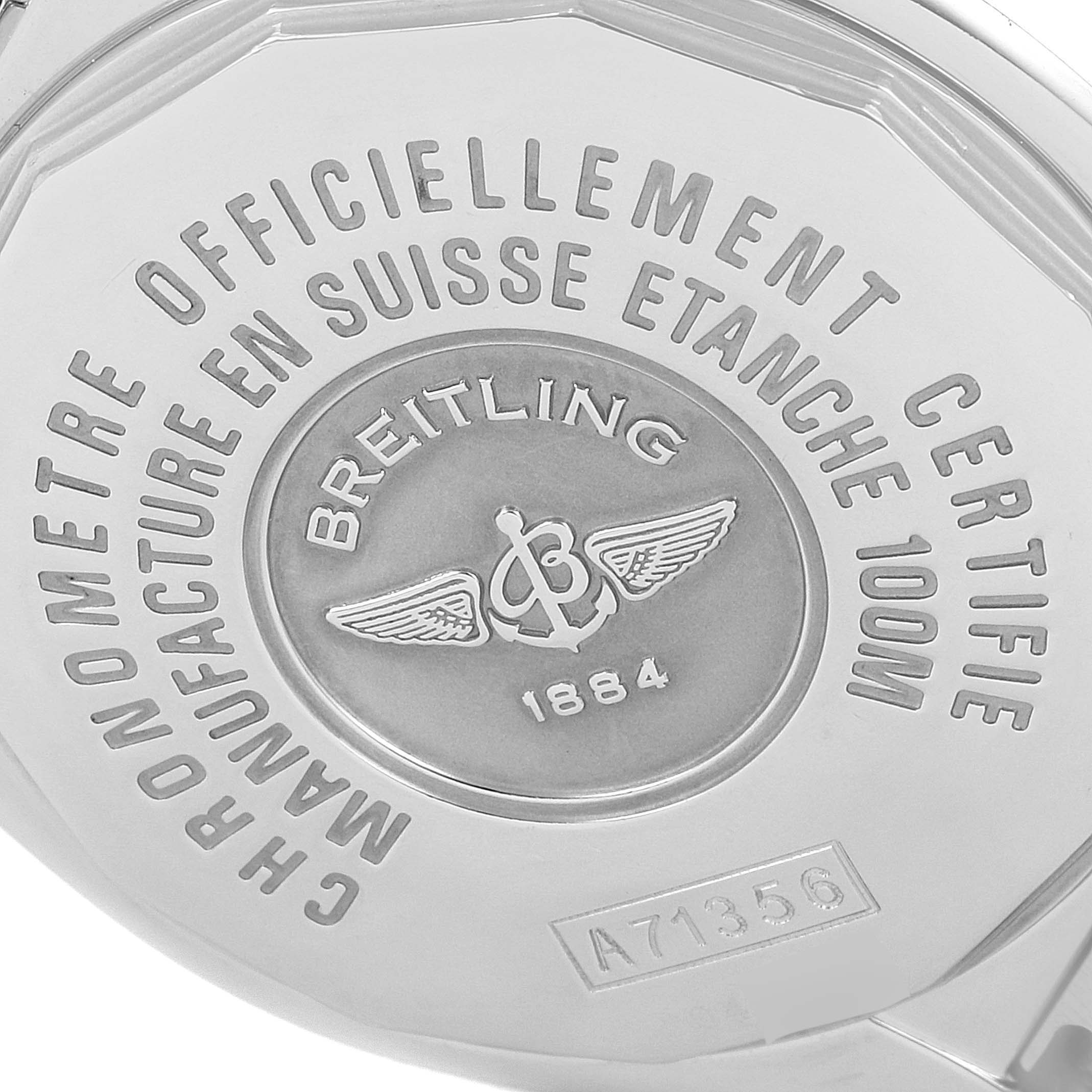 The image shows the back case of the Breitling A17356 Women's Stainless Steel Burgundy Dial A17356 Women's Stainless Steel Burgundy Dial Cockpit Chronometer Burgundy Dial Diamond Ladies Watch A17356.