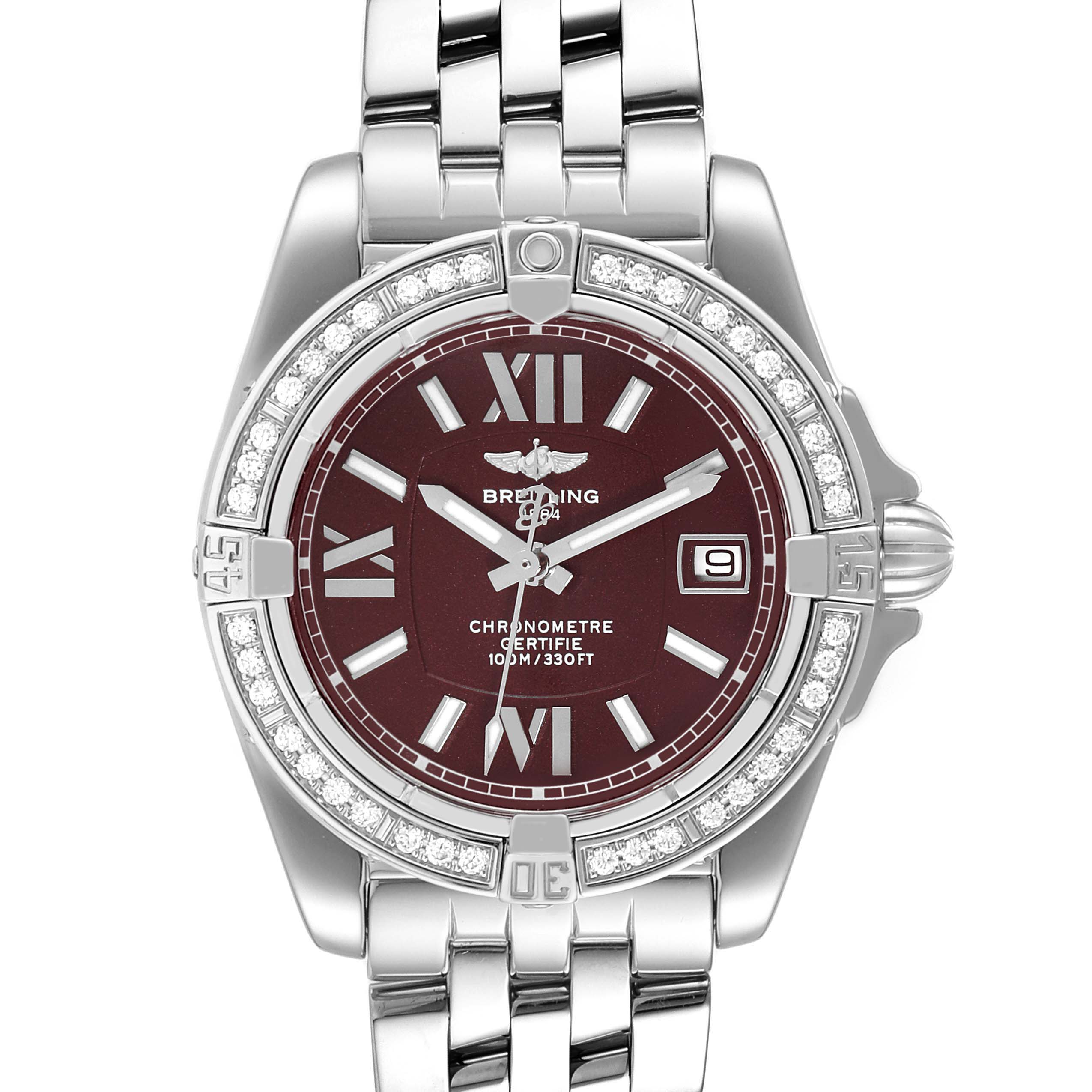 The image shows a front view of the Breitling A17356 Women's Stainless Steel Burgundy Dial A17356 Women's Stainless Steel Burgundy Dial Cockpit Chronometer Burgundy Dial Diamond Ladies Watch A17356 model.