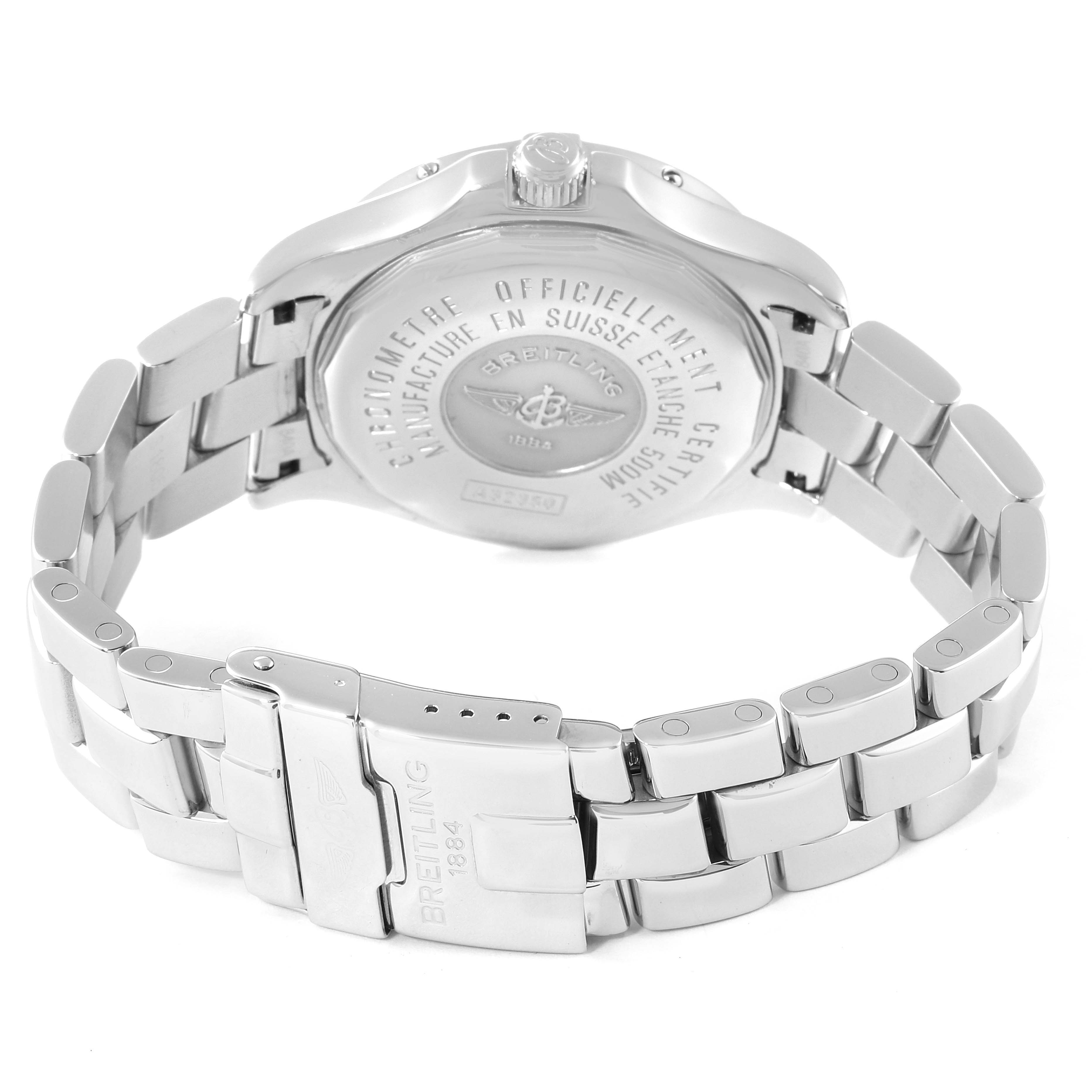 The image shows the back and strap of the Breitling Colt A32350 Men's Stainless Steel Black Dial A32350 Men's Stainless Steel Black Dial watch at an angled view.