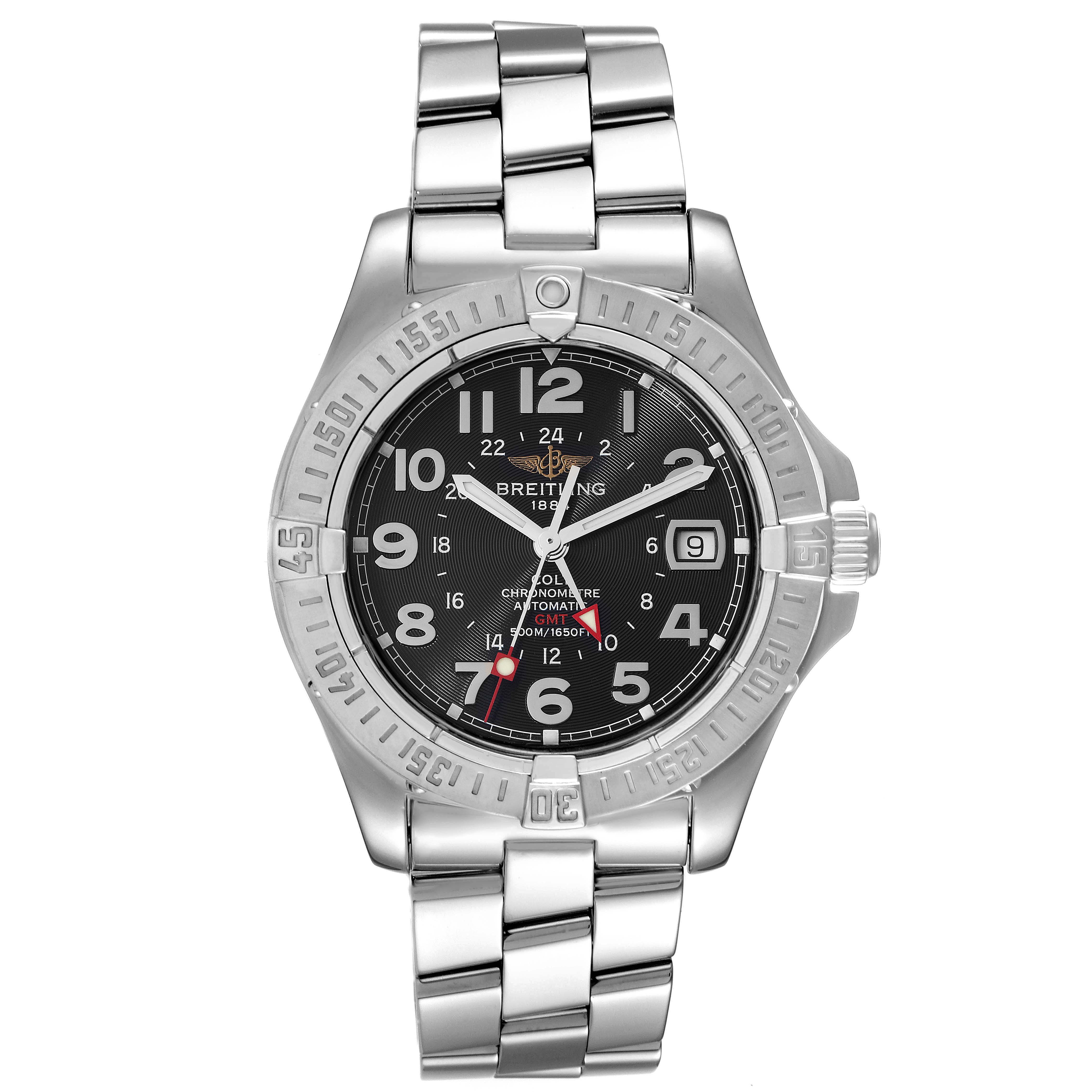 This is a front view of a Breitling Colt A32350 Men's Stainless Steel Black Dial A32350 Men's Stainless Steel Black Dial model showing its face, bezel, crown, and metal bracelet.