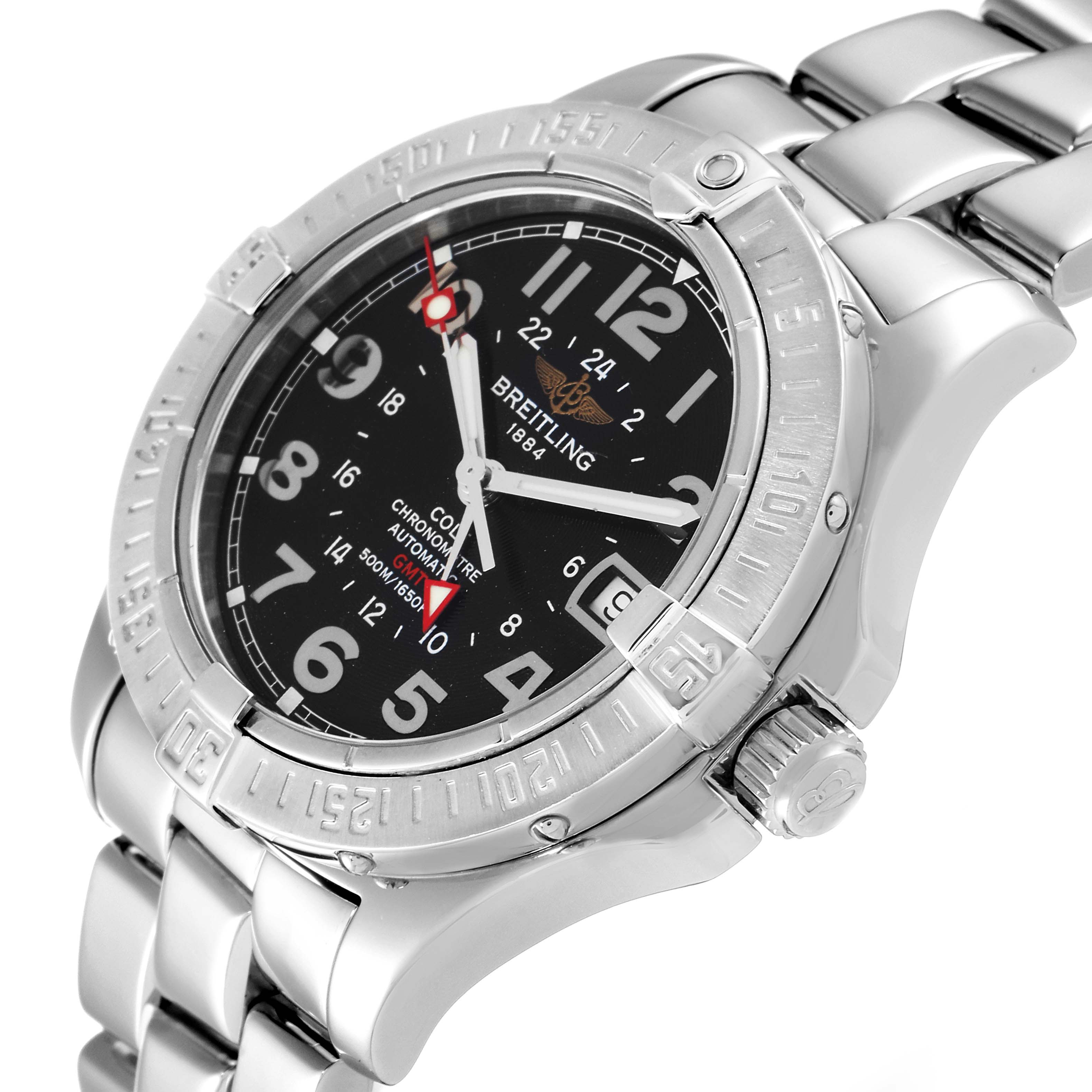 The image shows a Breitling Colt A32350 Men's Stainless Steel Black Dial A32350 Men's Stainless Steel Black Dial watch at a slight side angle, highlighting the face, bezel, crown, and metal bracelet.