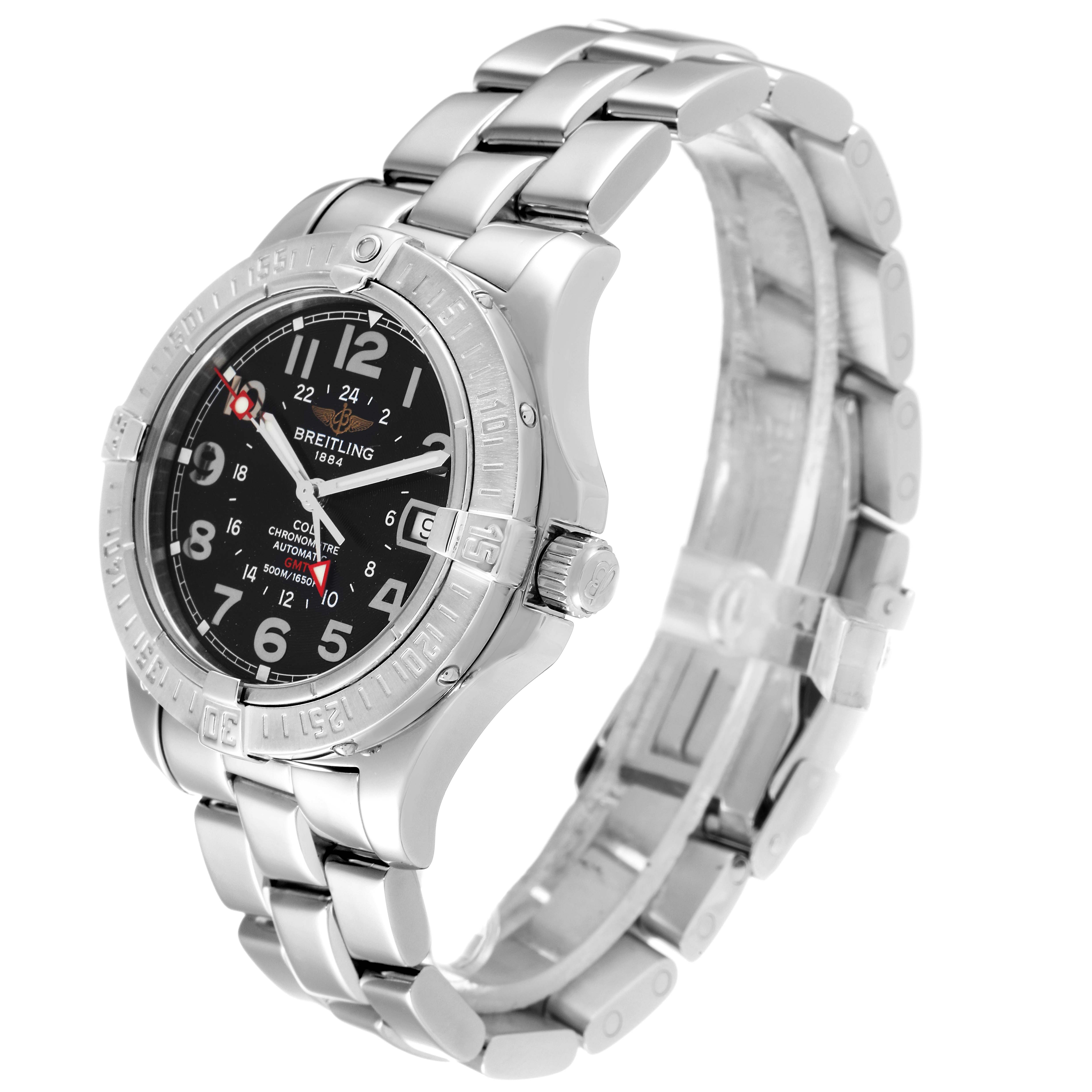 The image shows a side and partial front angle of the Breitling Colt A32350 Men's Stainless Steel Black Dial A32350 Men's Stainless Steel Black Dial watch, highlighting its face, bezel, and metal bracelet.