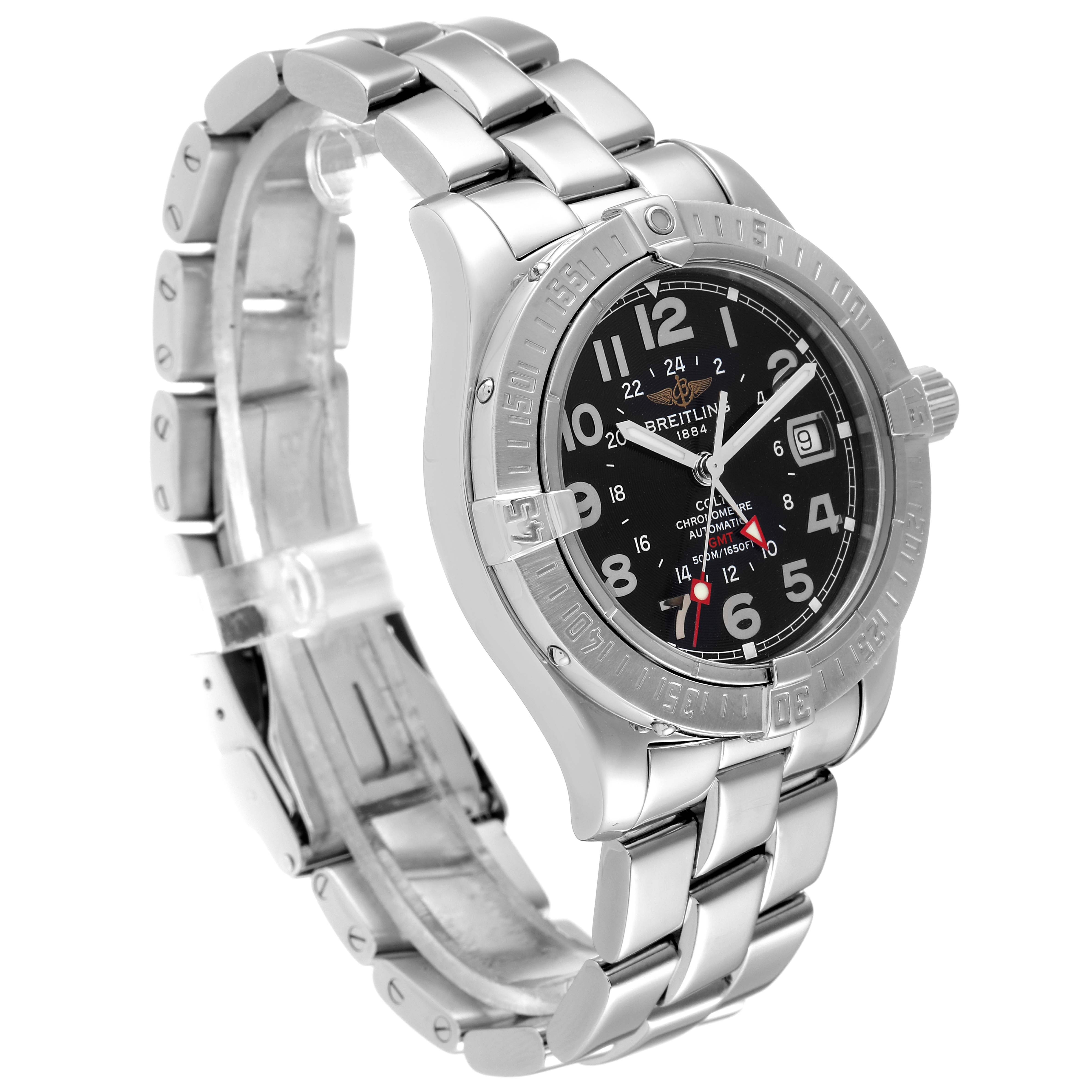 The Breitling Colt A32350 Men's Stainless Steel Black Dial A32350 Men's Stainless Steel Black Dial watch is shown at a 3/4 angle, displaying the face, bezel, and part of the metal bracelet.