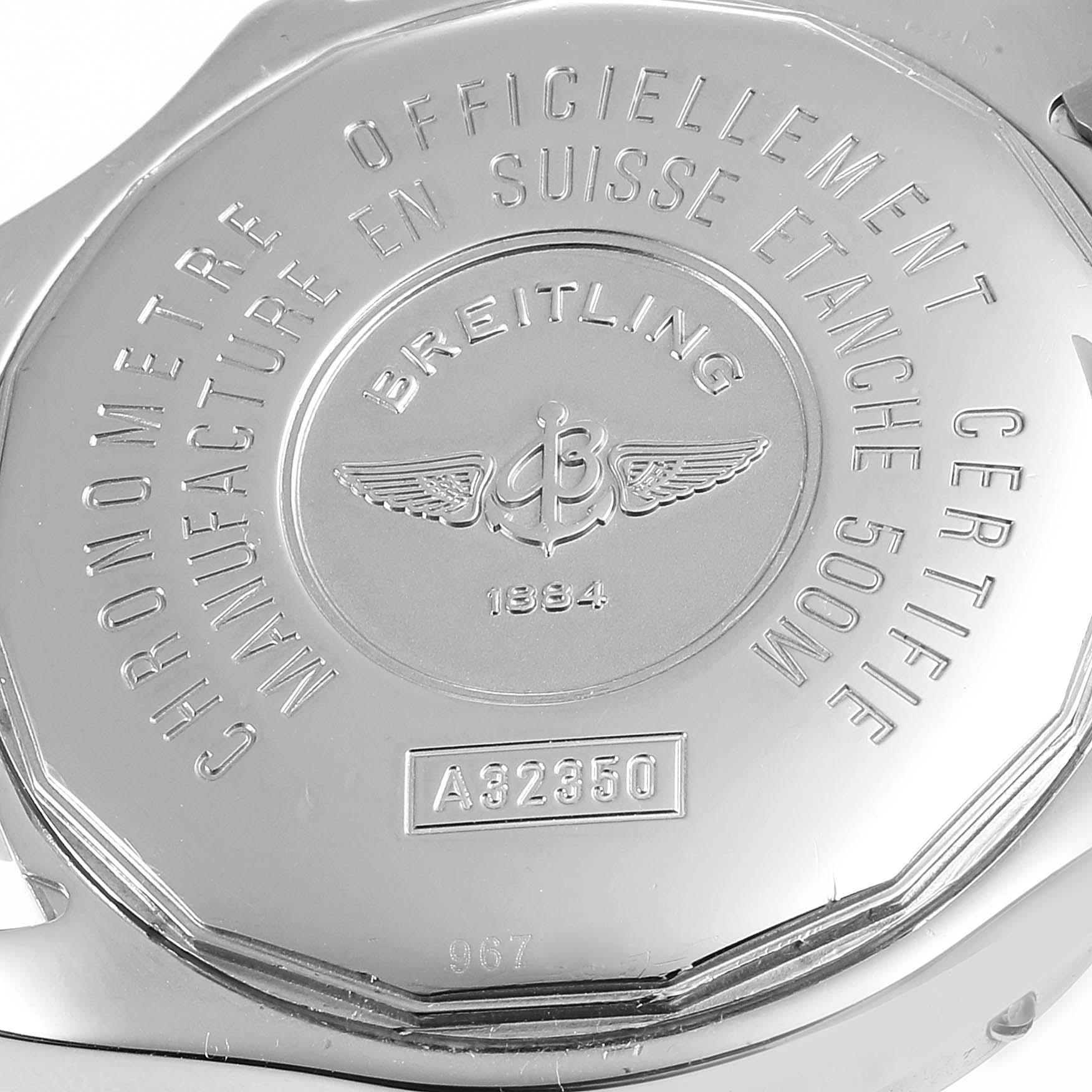 The image shows the back case of a Breitling Colt A32350 Men's Stainless Steel Black Dial A32350 Men's Stainless Steel Black Dial watch, detailing its certifications and model number.