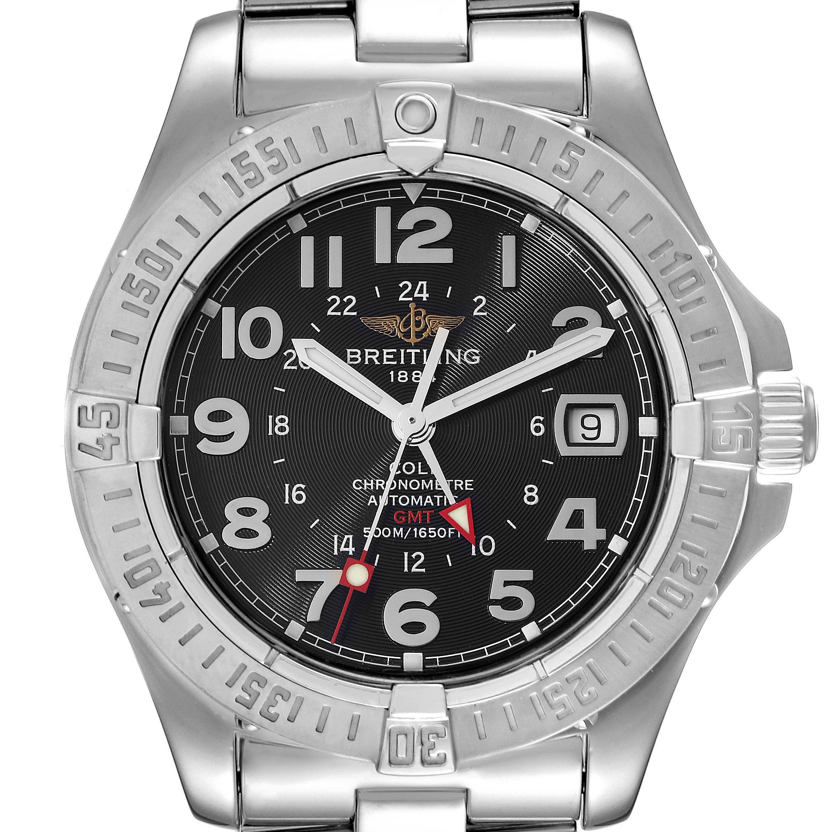 The image shows the front view of a Breitling Colt A32350 Men's Stainless Steel Black Dial A32350 Men's Stainless Steel Black Dial model watch, displaying its face, bezel, and part of the bracelet.