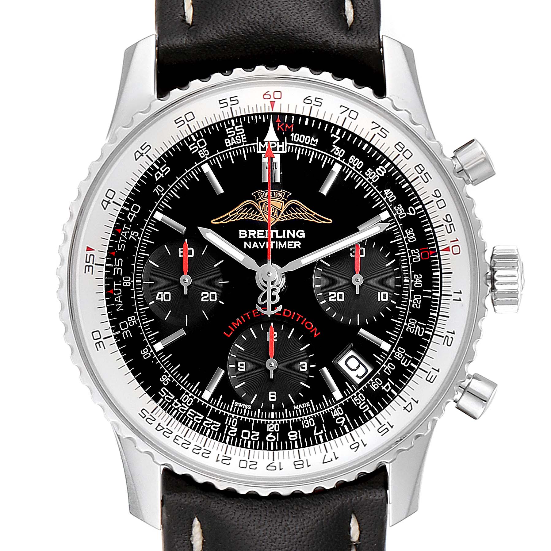 This image shows a Breitling Navitimer A23322 Men's Stainless Steel Black Dial A23322 Men's Stainless Steel Black Dial watch with a black dial, chronograph subdials, and a stainless steel case, viewed from the front.