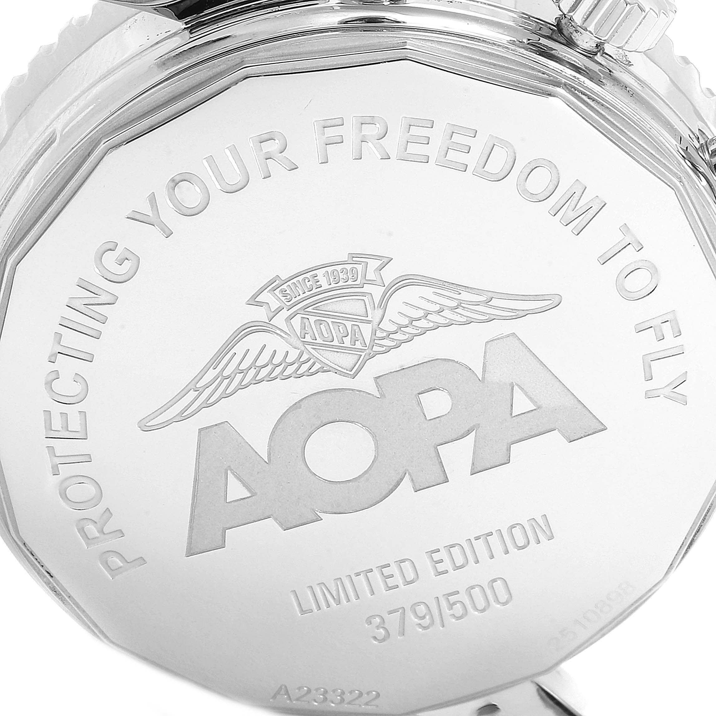 The image shows the engraved case back of a limited edition Breitling Navitimer A23322 Men's Stainless Steel Black Dial A23322 Men's Stainless Steel Black Dial watch model.