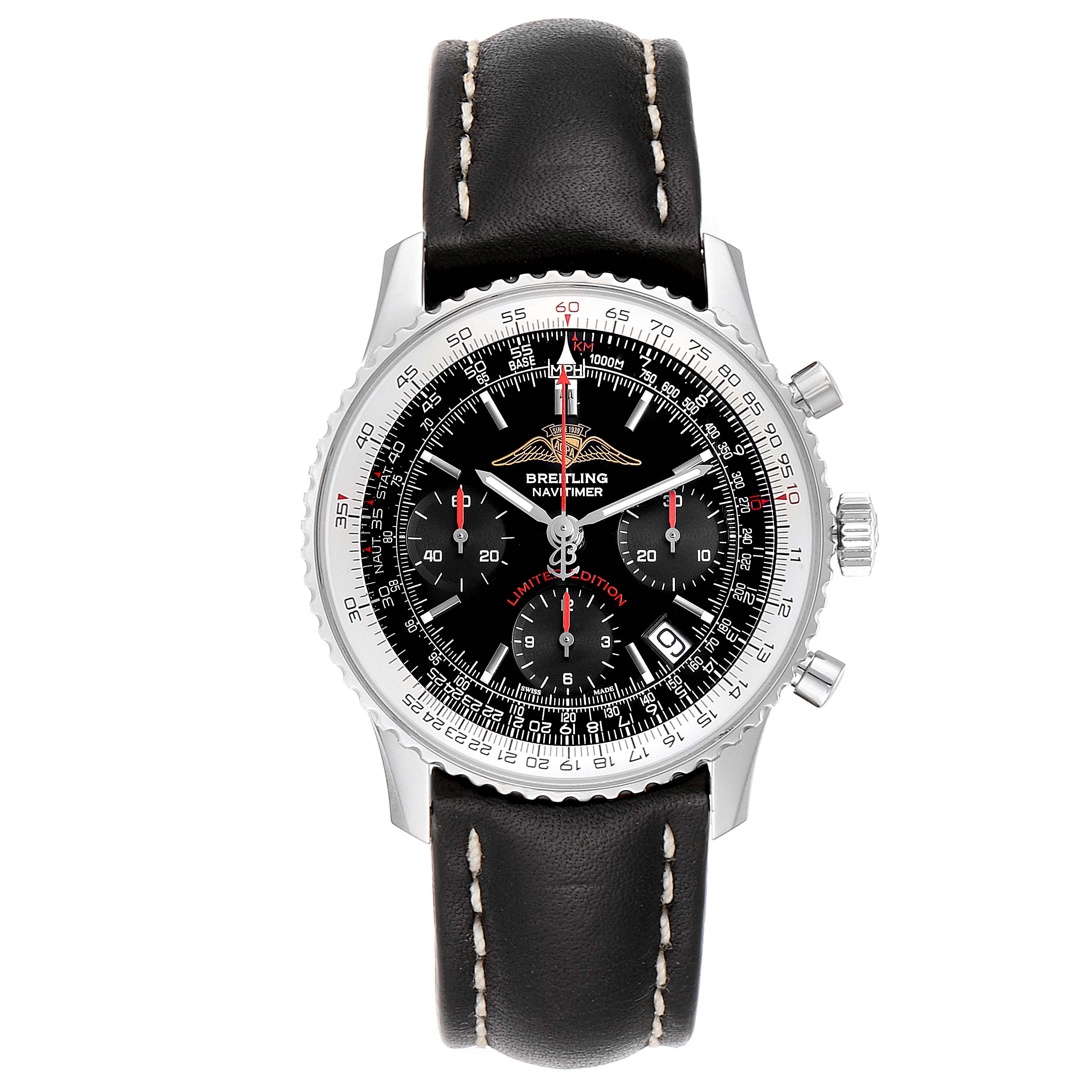 The Breitling Navitimer A23322 Men's Stainless Steel Black Dial A23322 Men's Stainless Steel Black Dial watch is shown from a top-down angle, displaying the black dial, chronograph subdials, and black leather strap.
