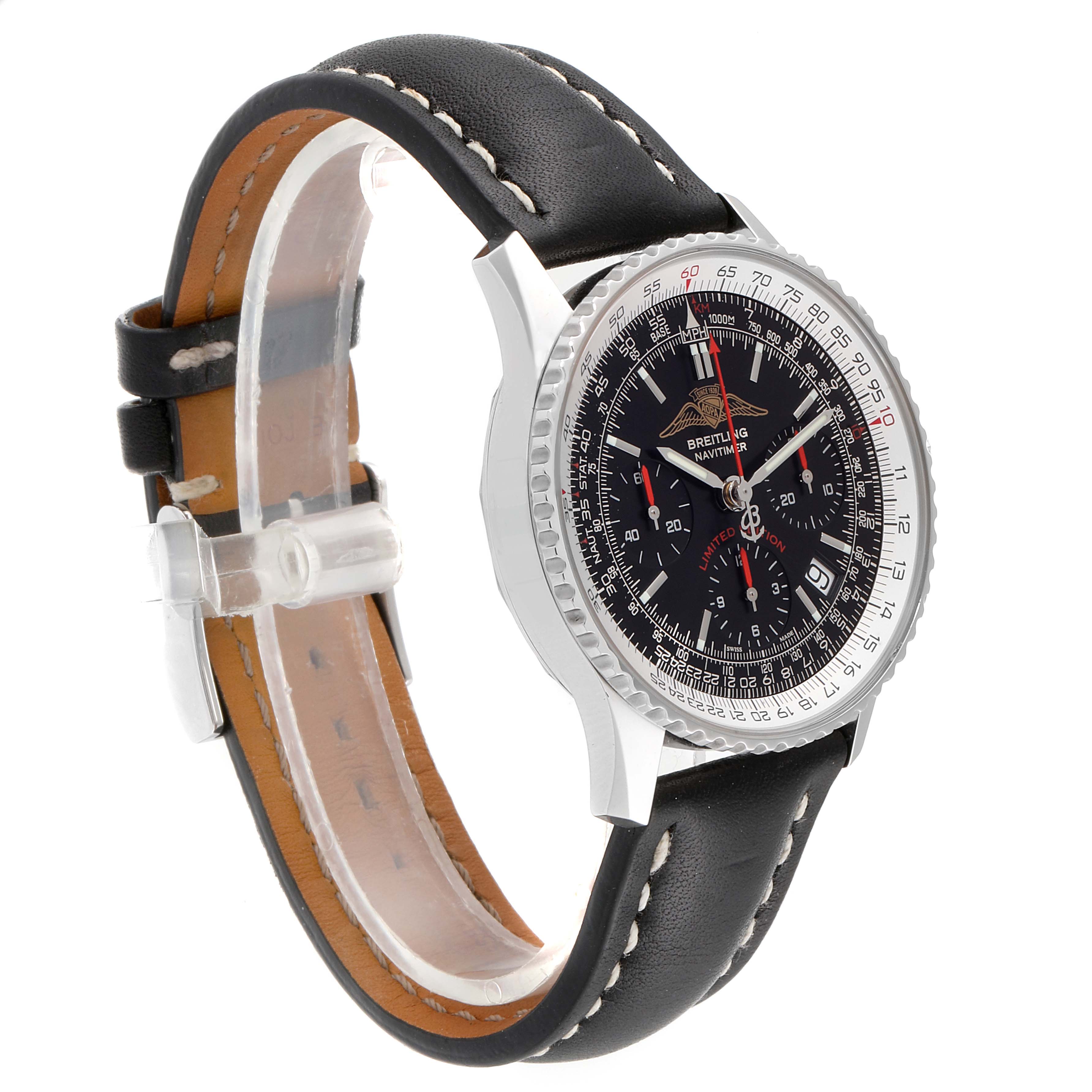 The image shows a side angle of a Breitling Navitimer A23322 Men's Stainless Steel Black Dial A23322 Men's Stainless Steel Black Dial watch with a black leather strap and a detailed dial.
