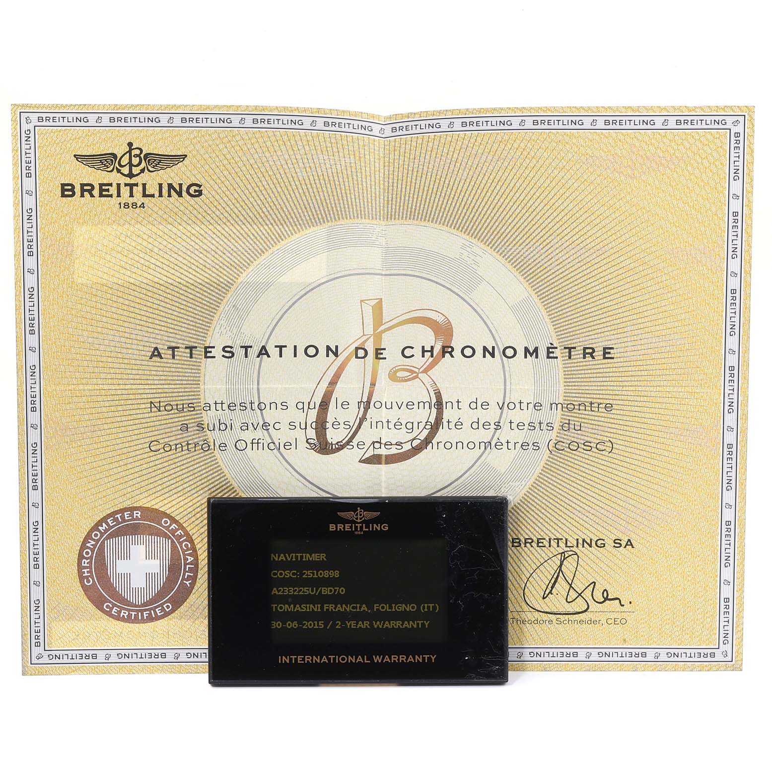 The image shows a Breitling Navitimer A23322 Men's Stainless Steel Black Dial A23322 Men's Stainless Steel Black Dial certificate and international warranty card.