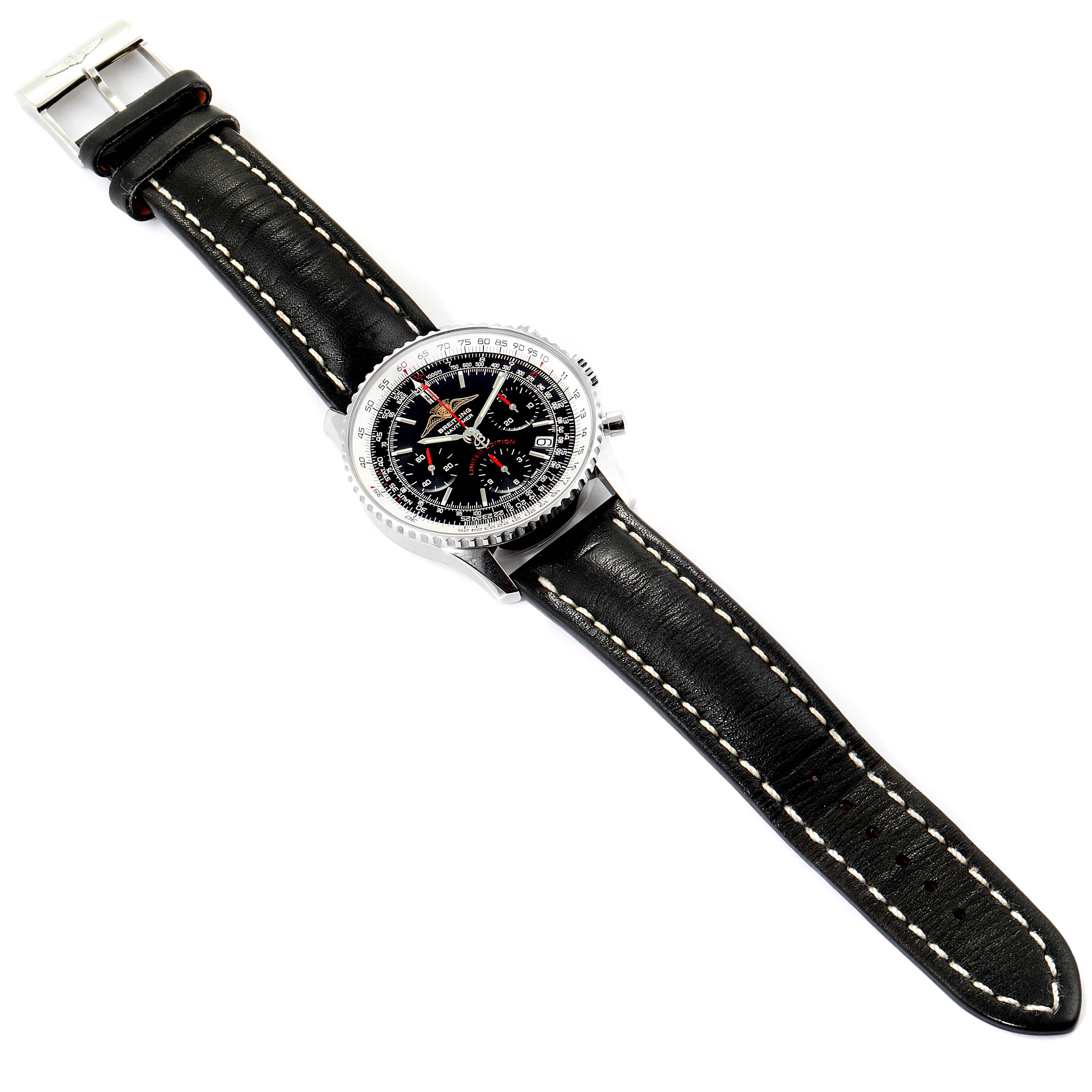 This image shows a Breitling Navitimer A23322 Men's Stainless Steel Black Dial A23322 Men's Stainless Steel Black Dial watch from a top-down angle, displaying the entire watch including its face and leather strap.