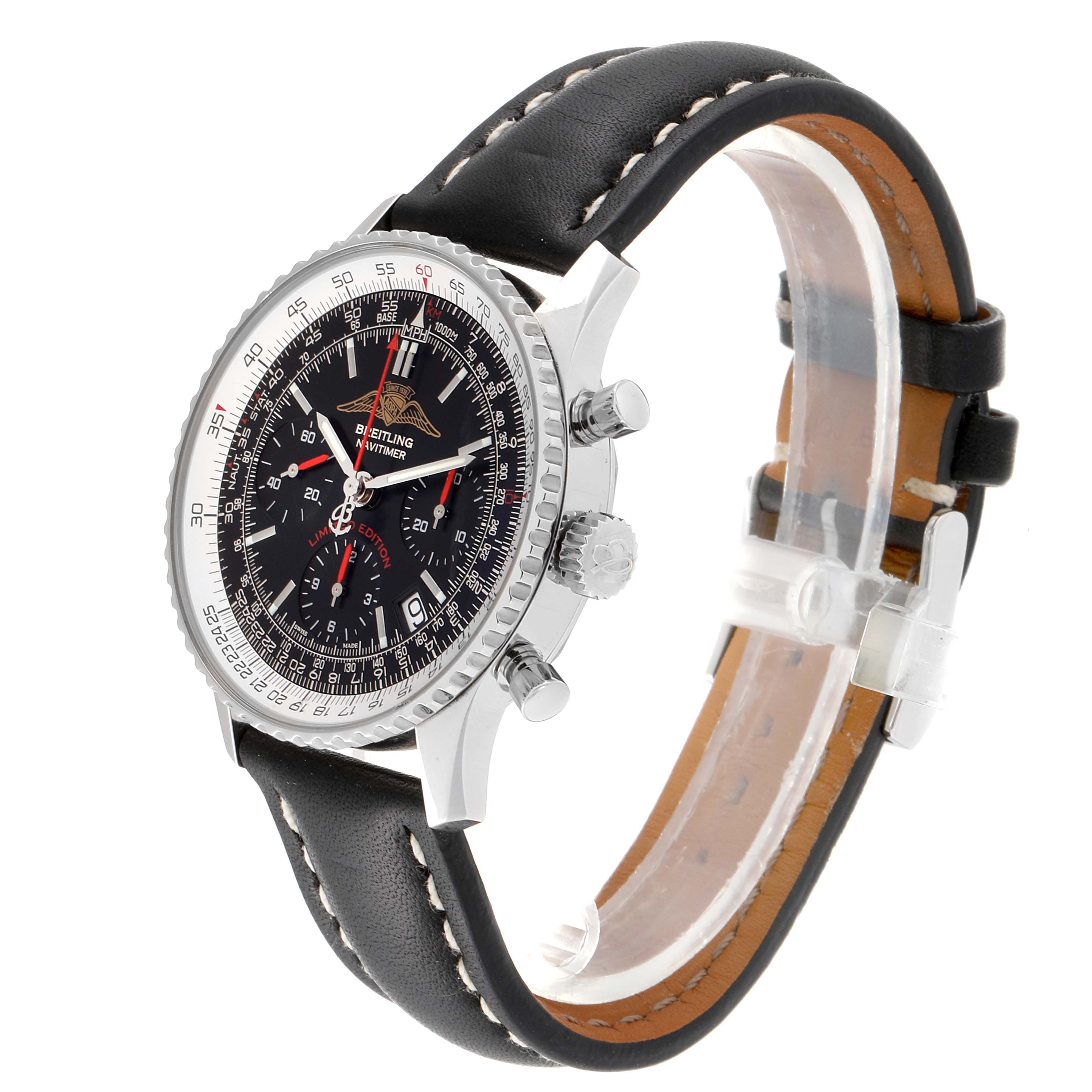 The Breitling Navitimer A23322 Men's Stainless Steel Black Dial A23322 Men's Stainless Steel Black Dial watch is shown at an oblique angle, displaying the face, bezel, crown, pushers, and leather strap.