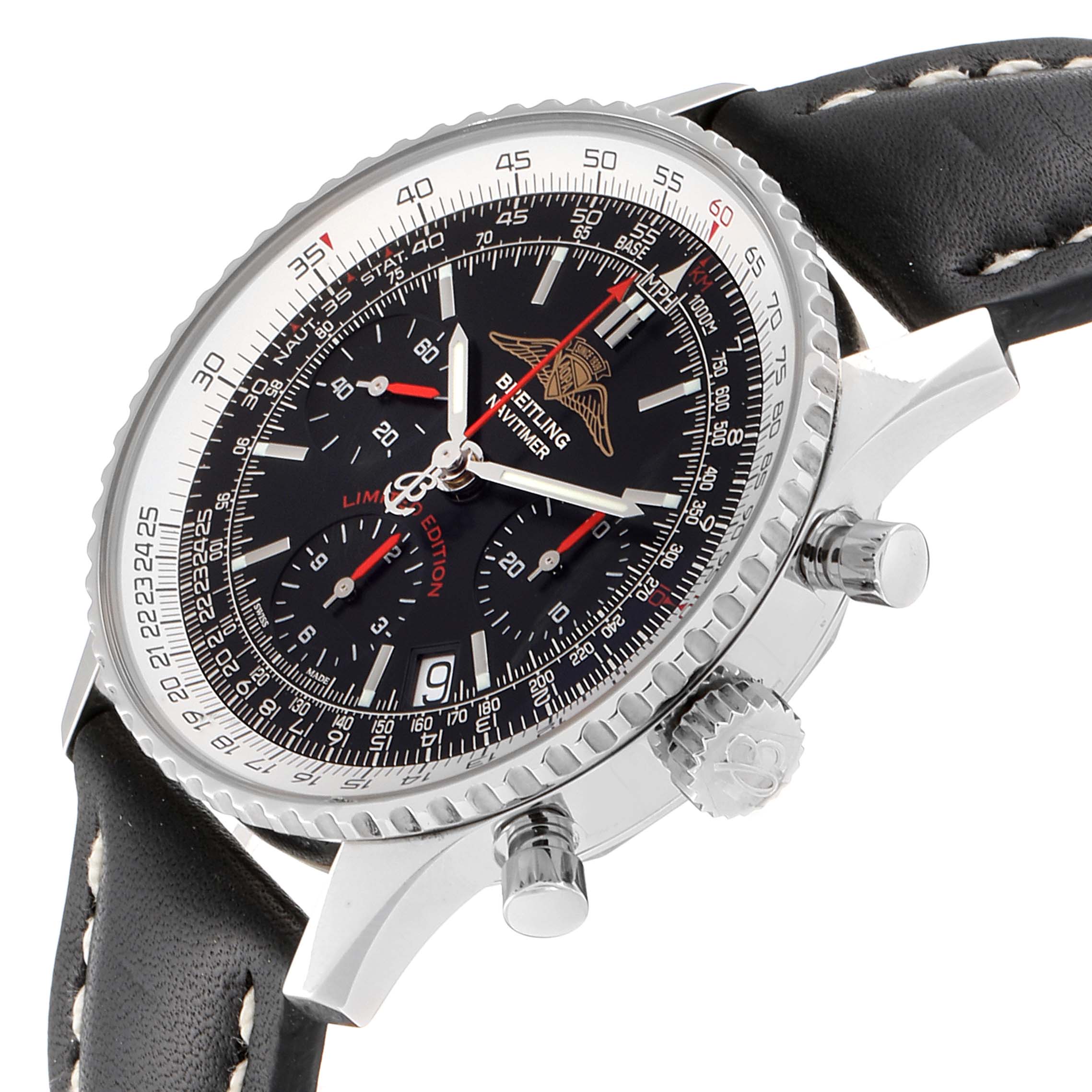 The Breitling Navitimer A23322 Men's Stainless Steel Black Dial A23322 Men's Stainless Steel Black Dial watch is shown at a slight angle, highlighting the face, bezel, crown, pushers, and leather strap.