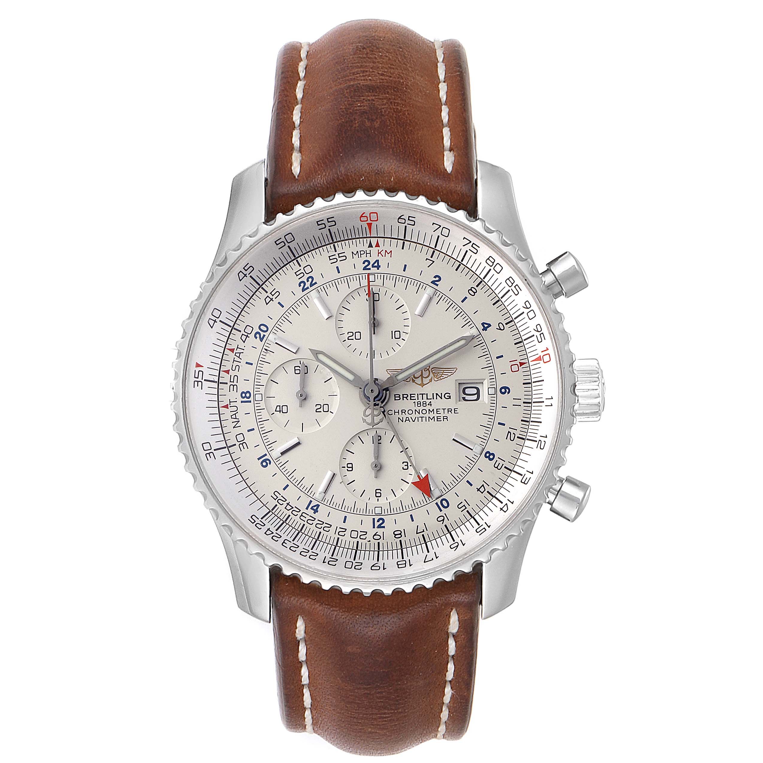The Breitling Navitimer A24322 Men's Stainless Steel Silver Dial A24322 Men's Stainless Steel Silver Dial watch is shown from a front angle, displaying its face, dial, and brown leather strap.