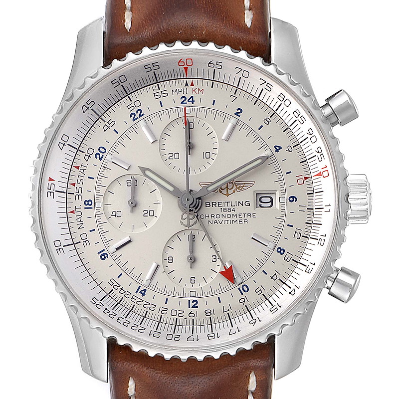 Breitling Navitimer World GMT White Dial Steel Mens Watch A24322 SwissWatchExpo