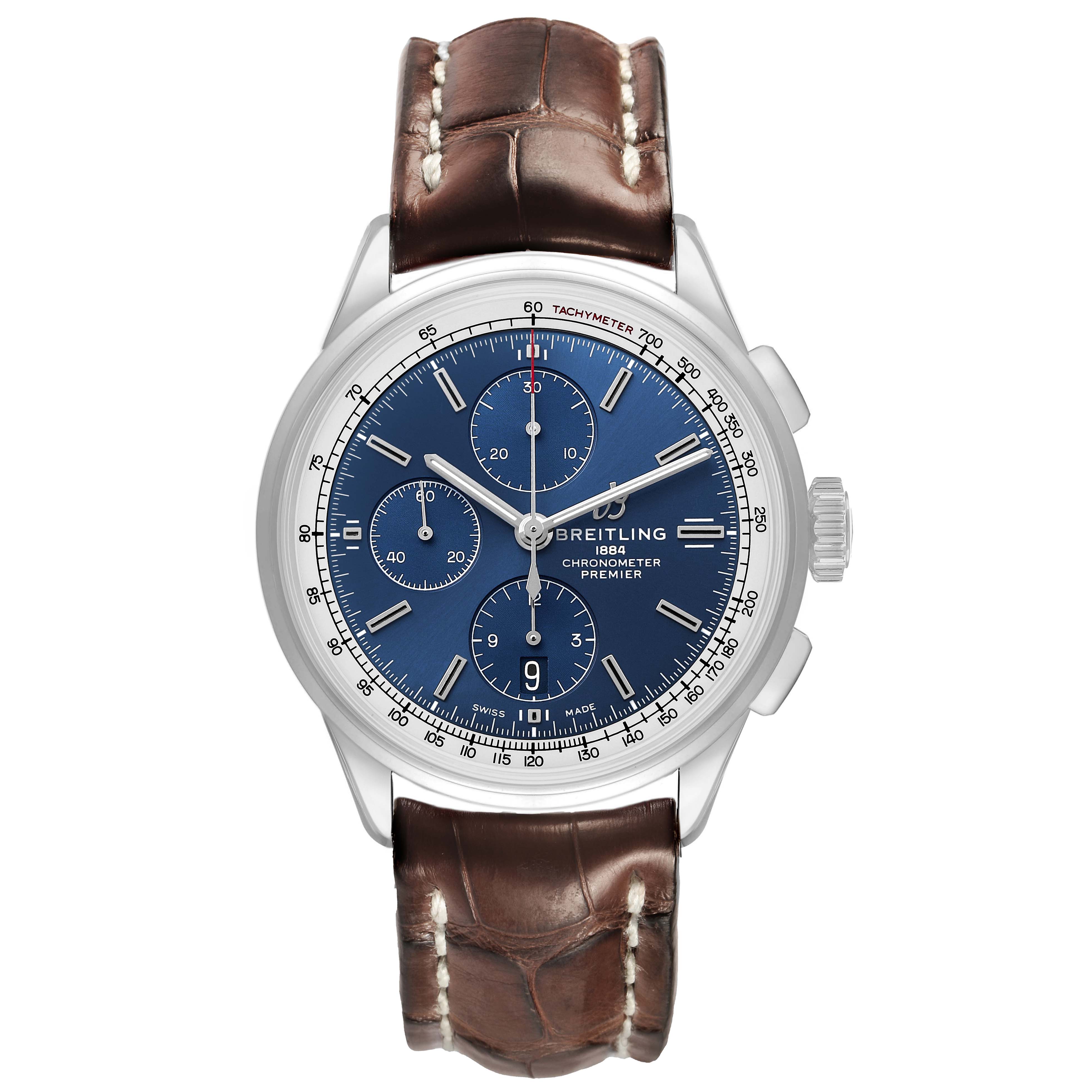 The Breitling Premier A13315 Men's Stainless Steel Blue Dial model watch is shown from a front angle, highlighting the blue dial, sub-dials, and brown leather strap.