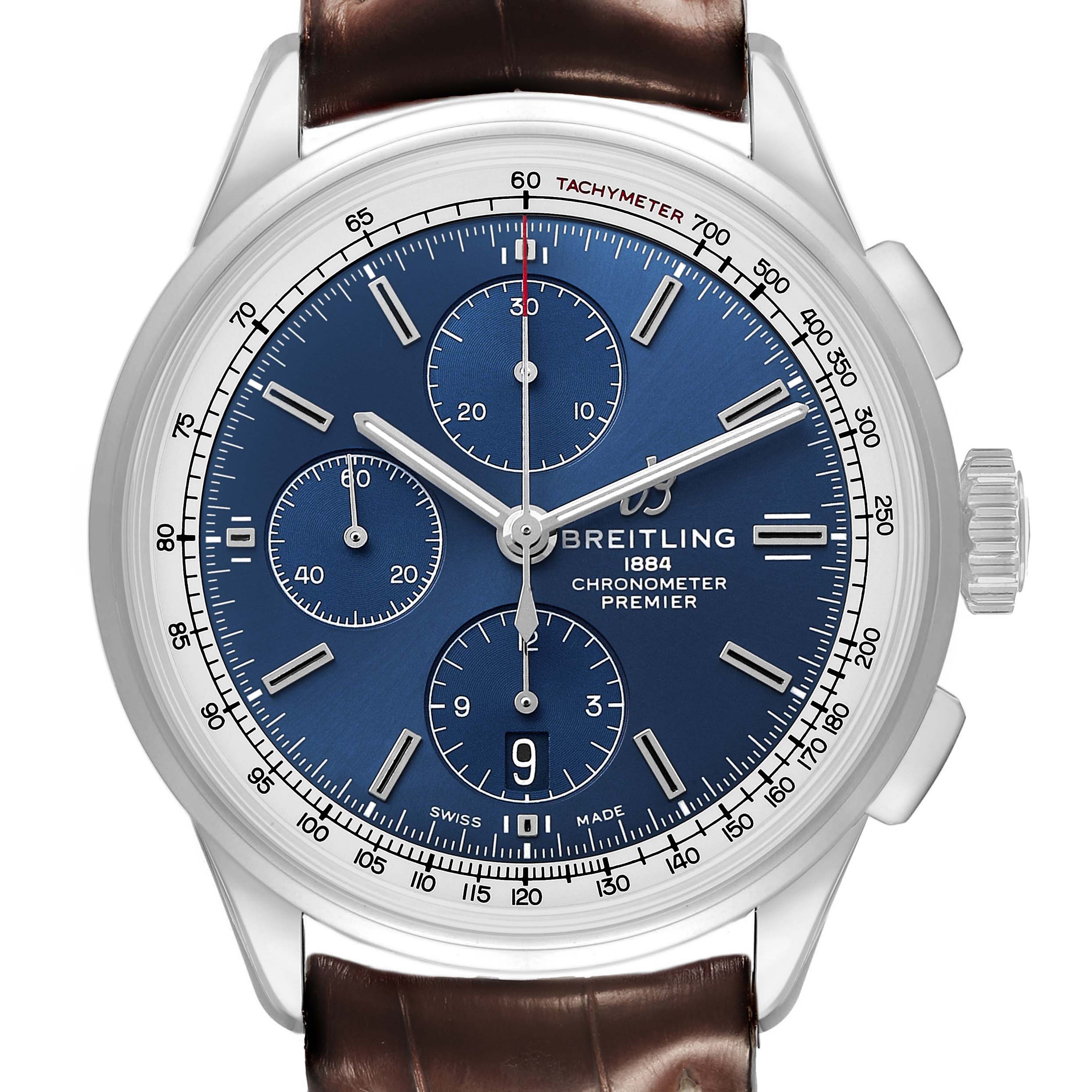 The Breitling Premier A13315 Men's Stainless Steel Blue Dial watch is shown from a front angle, highlighting the dial, subdials, and crown.