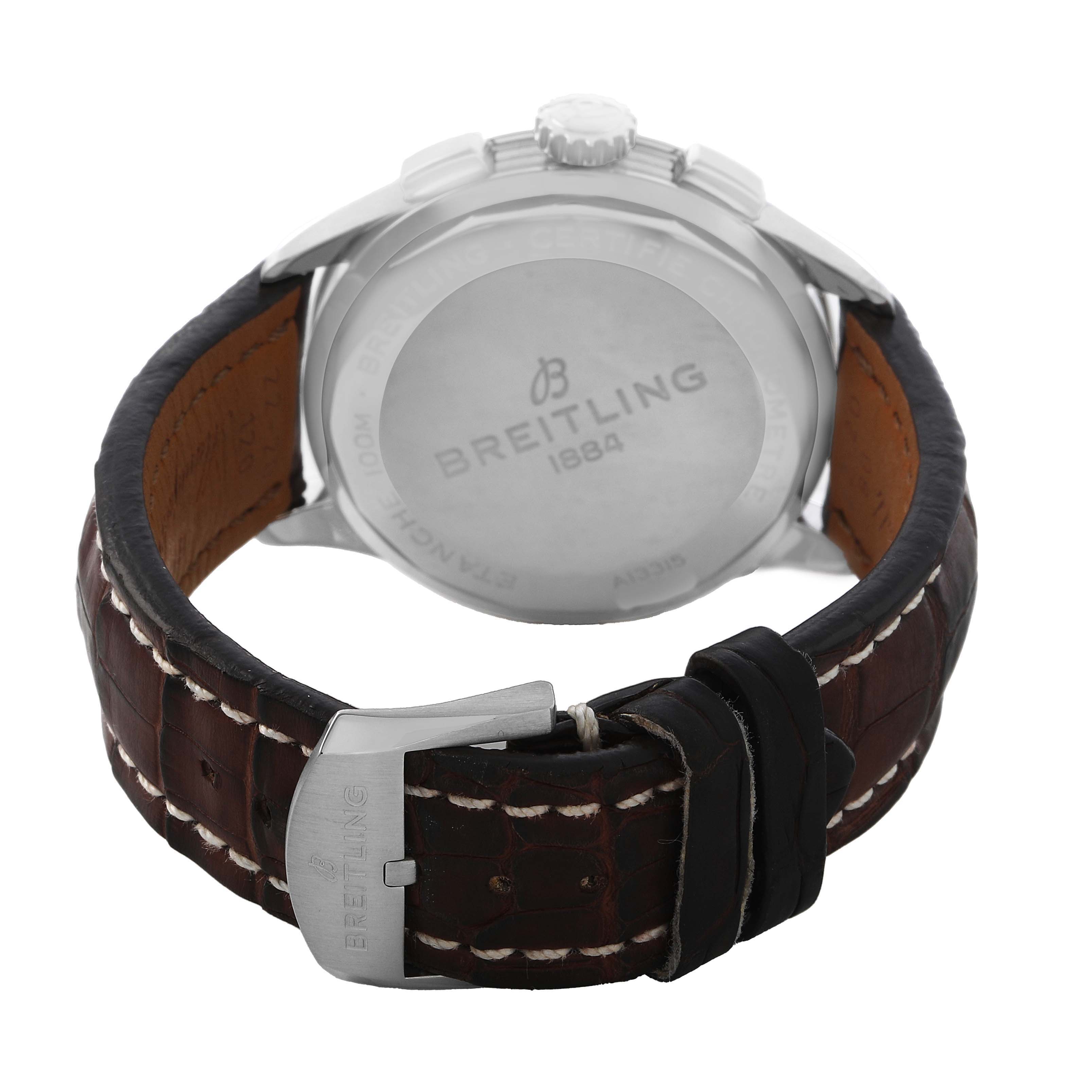 The image shows the back of a Breitling Premier A13315 Men's Stainless Steel Blue Dial watch with a leather strap and visible clasp.
