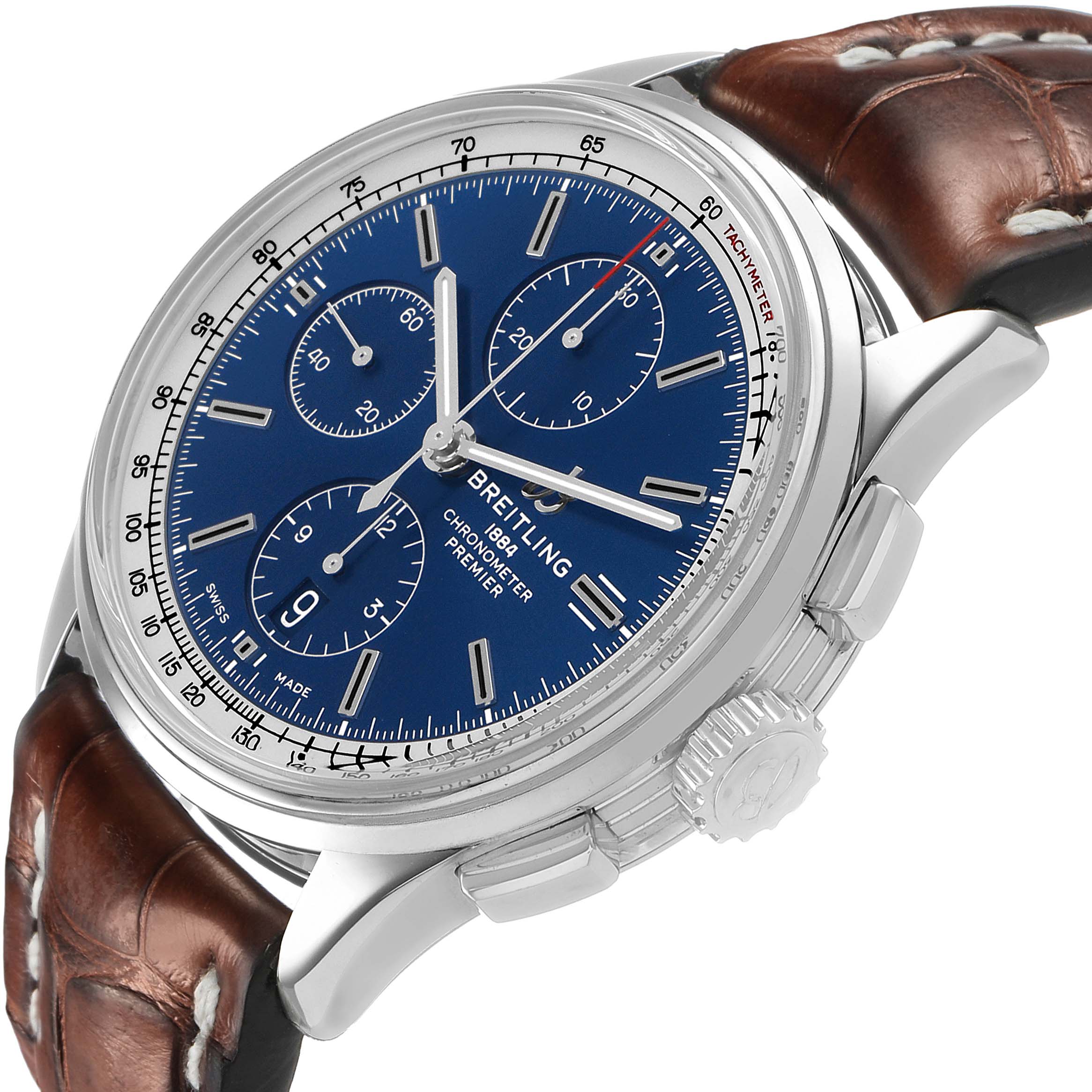 The Breitling Premier A13315 Men's Stainless Steel Blue Dial watch is shown at an angled side view, displaying the blue dial, subdials, crown, and part of the leather strap.