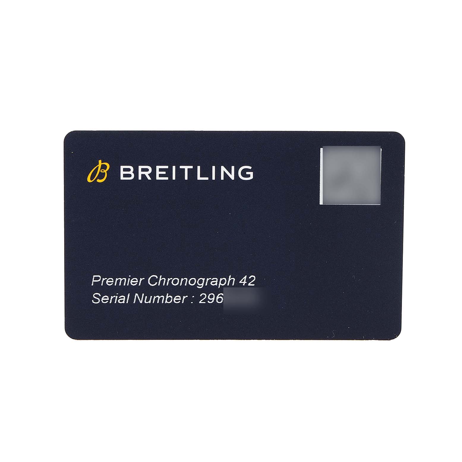 The image shows a Breitling Premier A13315 Men's Stainless Steel Blue Dial Chronograph 42 warranty card with a blurred serial number.