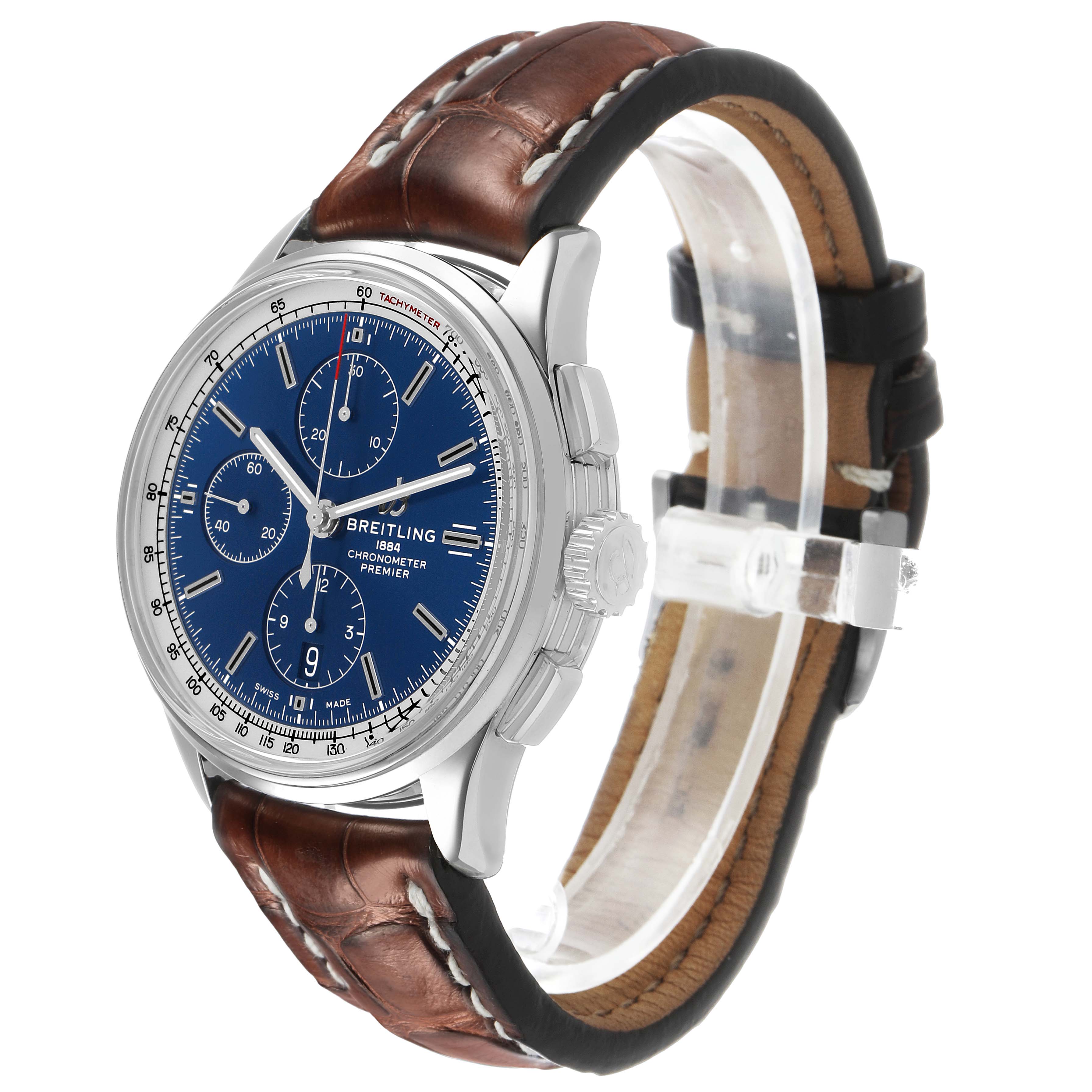 The Breitling Premier A13315 Men's Stainless Steel Blue Dial watch is shown from a three-quarter front angle, displaying the blue dial, side pushers, crown, and leather strap.