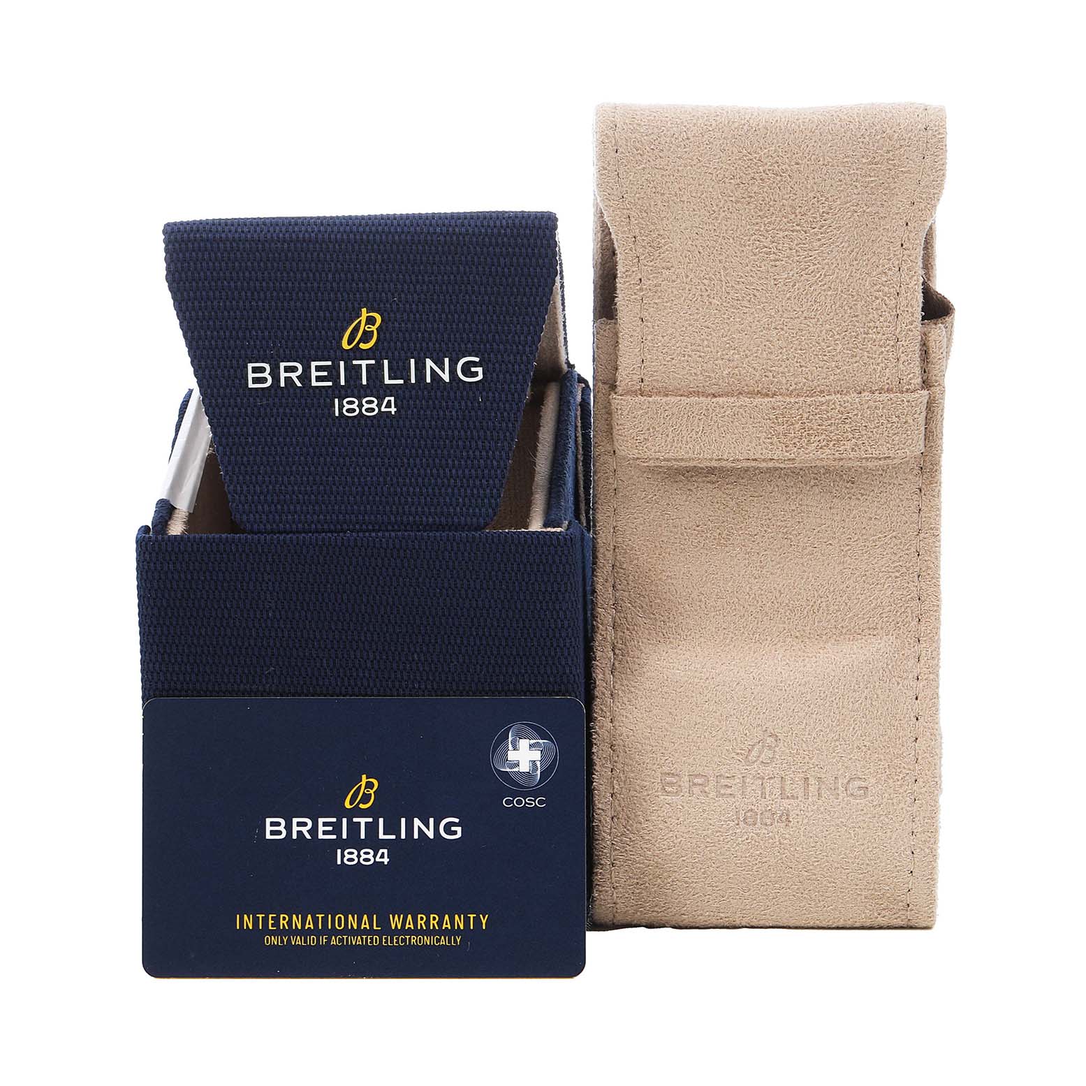 The image shows the packaging and pouch for the Breitling Premier A13315 Men's Stainless Steel Blue Dial model, including a warranty card.